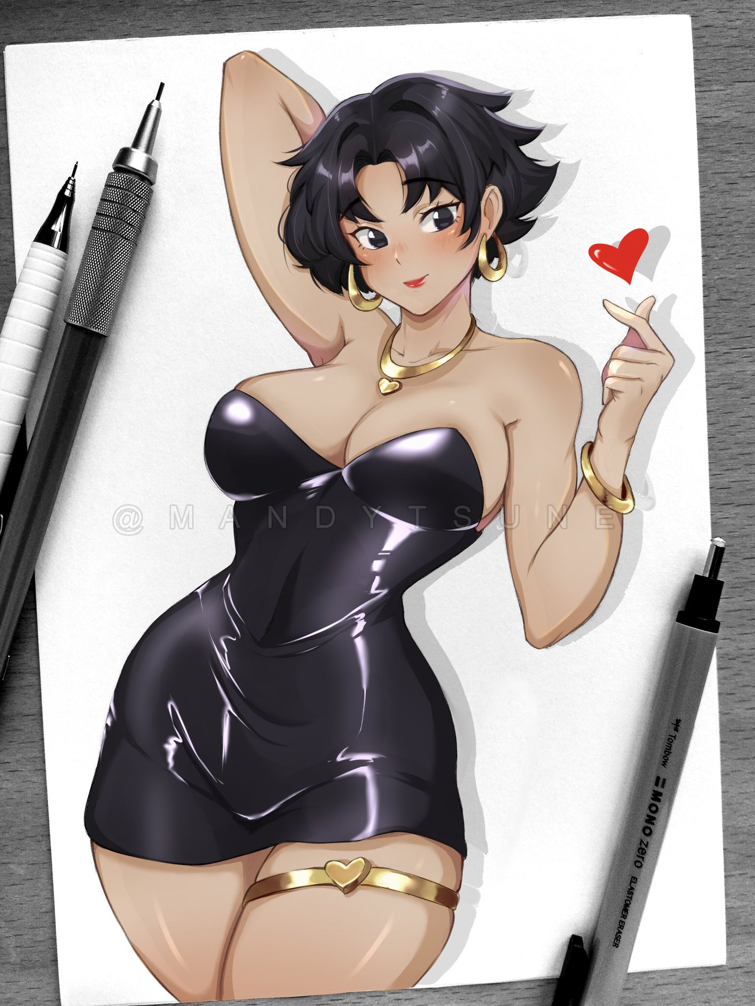 1girls, artist name, betty boop, black hair, blush, breasts, busty, cleavage, digital media (artwork), dress, ear piercing, earrings, female, heart, hourglass figure, human, latex, legwear, light skin, light-skinned female, lips, lipstick, mandytsune, necklace, neckwear, pale skin, piercing, red lips, red lipstick, short hair, talkartoons, voluptuous, wristwear