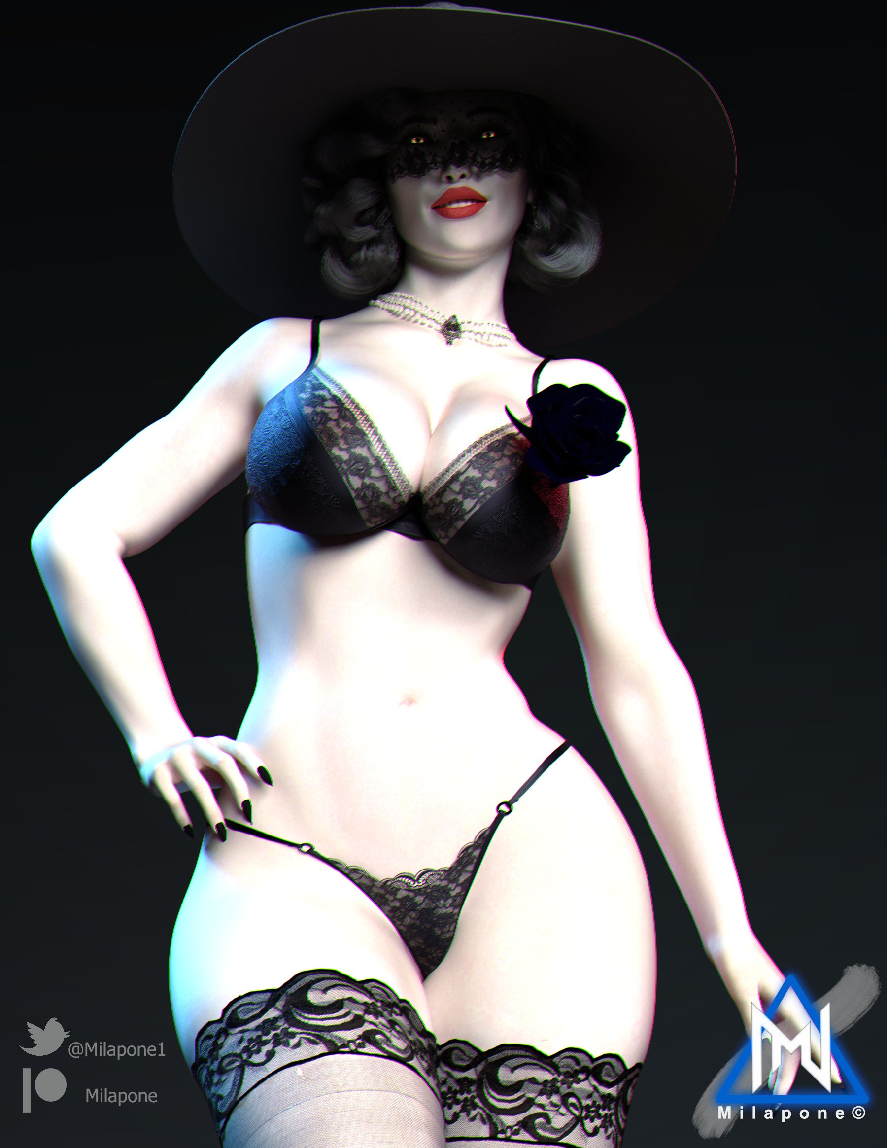 1girls, 3d, alcina dimitrescu, big breasts, big hat, black hair, black hat, black lingerie, bra, breasts, busty, capcom, cleavage, dress, earrings, female, female only, glistening eyes, hat, hourglass figure, jewelry, large breasts, light skin, light-skinned female, lingerie, lipstick, long dress, mature, mature female, milapone, milf, monster girl, nail polish, nails, navel, necklace, pale skin, pale-skinned female, panties, red lips, red lipstick, resident evil, resident evil 8: village, short hair, solo, solo female, taller female, thick thighs, thighhighs, underwear, vampire, wide brim hat, yellow eyes