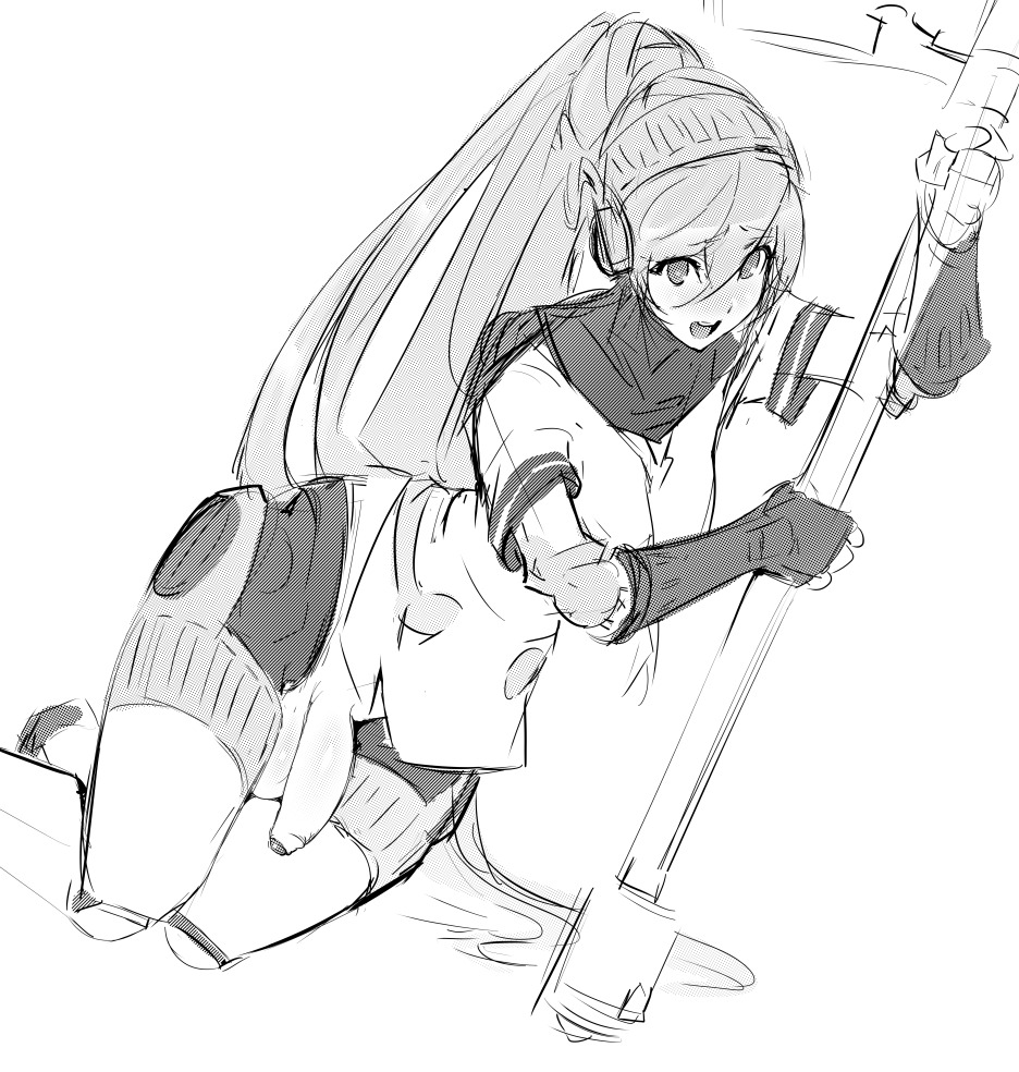 1futa, android, atlus, balls, clothed, clothing, embarrassed, female, futa only, futanari, holding object, humanoid, humanoid penis, intersex, kneeling, labrys, long hair, looking at viewer, monochrome, necrosmos, partially clothed, penis, persona, persona 4 arena, ponytail, robot, robot girl, school uniform, solo