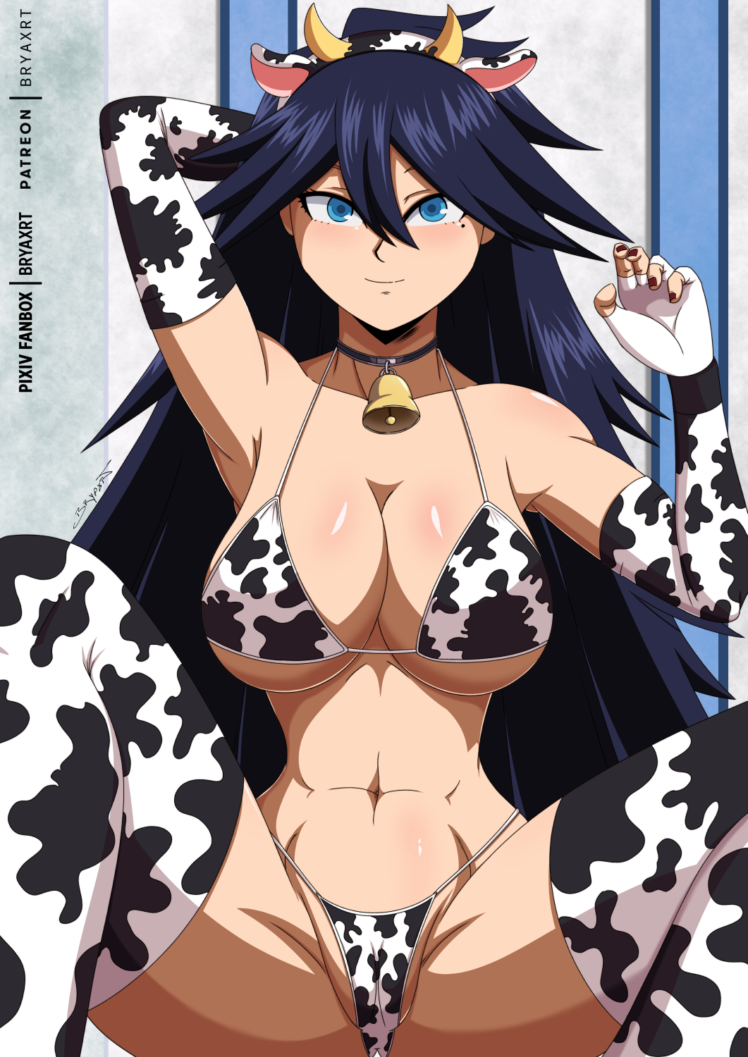 1girls animal_ears animal_print arms_behind_head artist_name bell bell_collar bikini blue_eyes blush breasts bryaxrt cleavage collarbone cow_ears cow_horns cow_print cow_print_bikini elbow_gloves fake_animal_ears gloves hi_res large_breasts long_hair looking_at_viewer midnight_(my_hero_academia) mole mole_under_eye my_hero_academia nail_polish navel nemuri_kayama purple_hair smile solo spread_legs swimsuit thighhighs