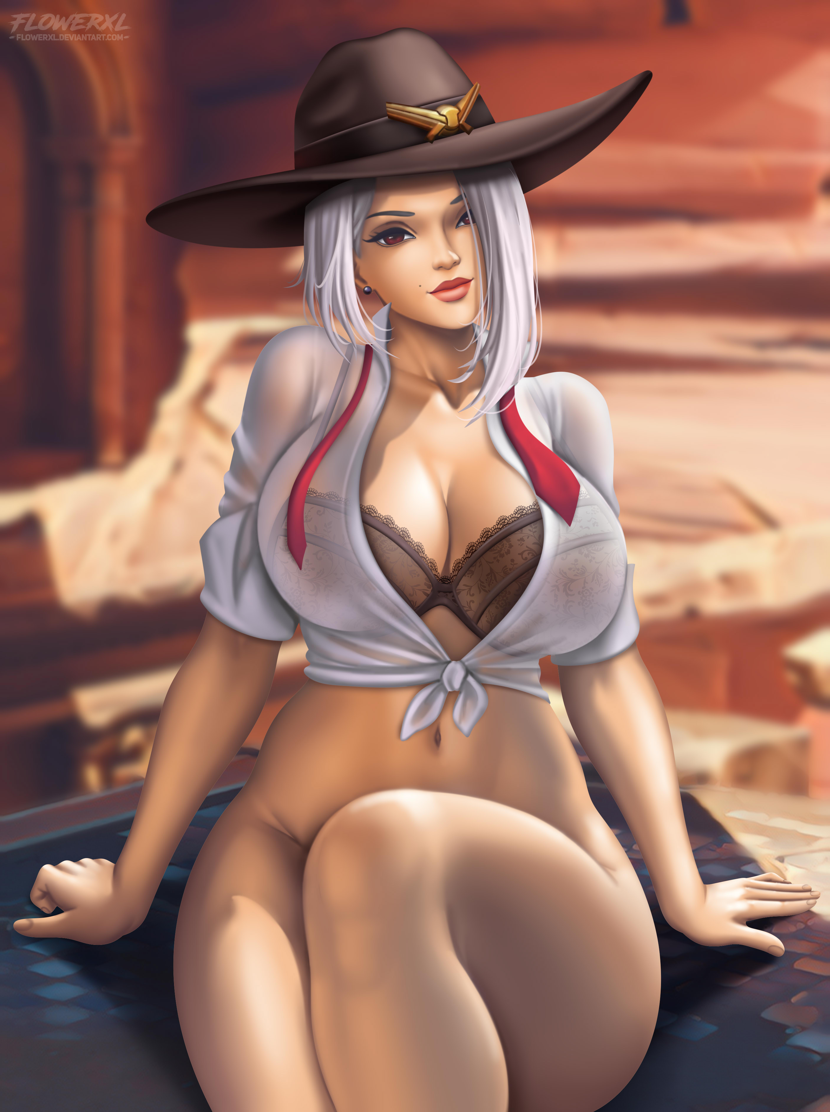 1girls, 2d, ashe (overwatch), big breasts, black bra, blizzard entertainment, breasts, female, female focus, female only, flowerxl, high resolution, highres, overwatch, short hair, tagme, thick thighs, video game character, white hair