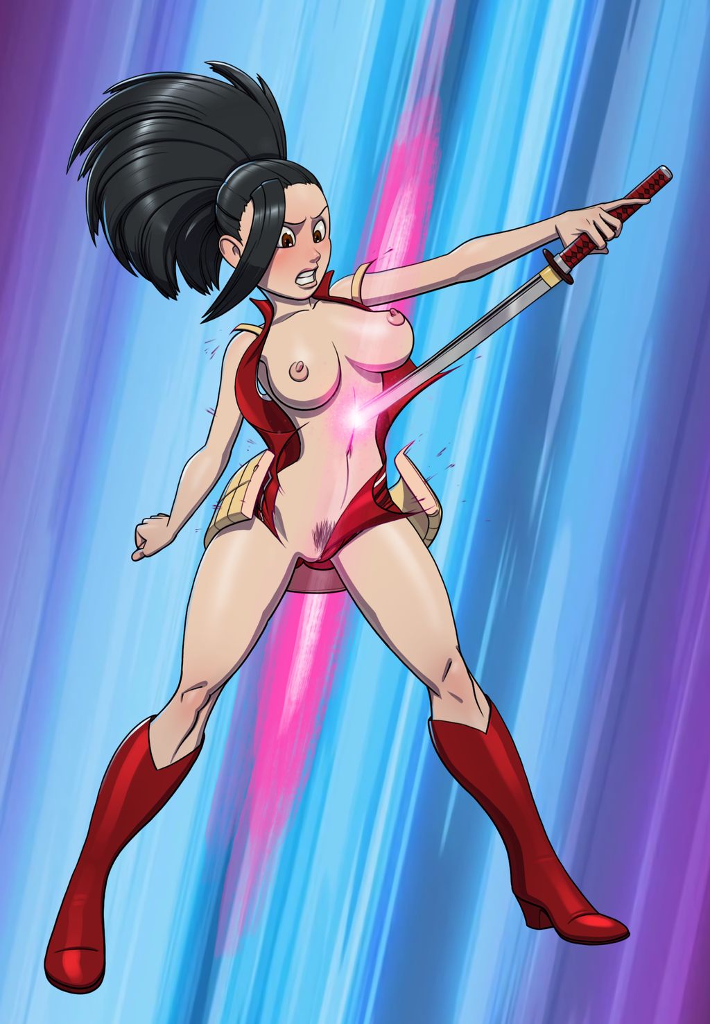 1girls big_breasts big_hair black_hair boots gao23 high_heel_boots legs momo_yaoyorozu my_hero_academia naked nude nude_female pubic_hair red_outfit solo solo_female solo_focus thighs voluptuous wardrobe_malfunction