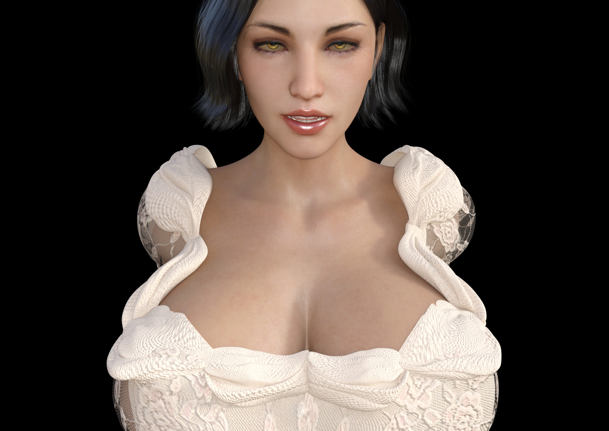 1girls, 3d, alcina dimitrescu, big breasts, black hair, bra, breasts, breasts bigger than head, busty, capcom, cleavage, daz studio, daz3d, dress, earrings, female, female only, huge breasts, jewelry, large breasts, light skin, light-skinned female, lingerie, lipstick, long dress, mature, mature female, milf, monster girl, necklace, open mouth, pale skin, pale-skinned female, red lipstick, resident evil, resident evil 8: village, see-through, see-through clothing, see-through top, short hair, sleepy, taller female, thick thighs, underwear, vampire, vgbabes3d, wavy hair, yellow eyes