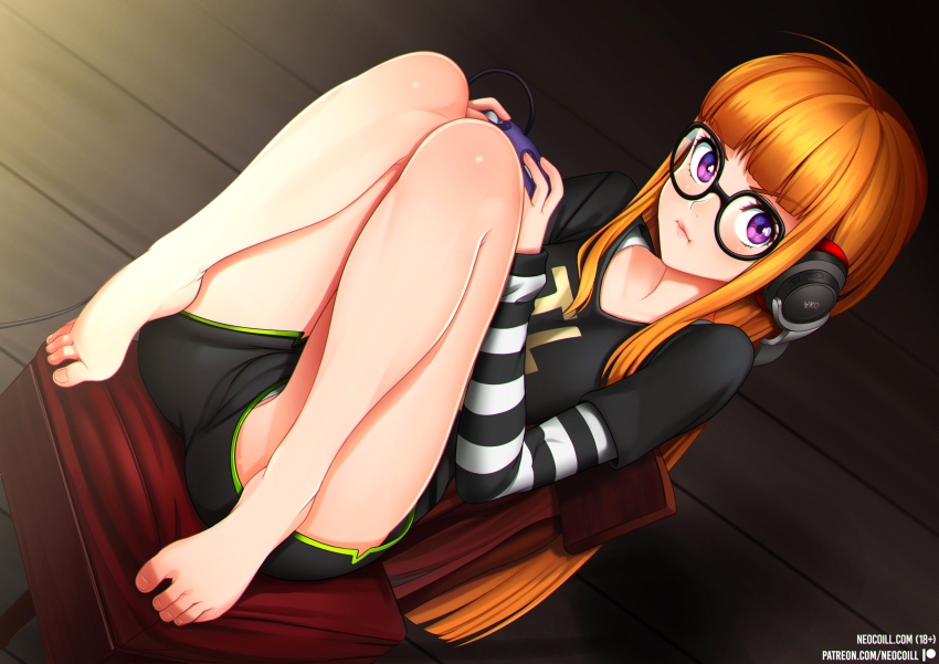 1girls, barefoot, blush, colored, female, fully clothed, gaming, looking at viewer, lying on back, neet, neocoill, orange fur, persona, persona 5, pouting, purple eyes, sakura futaba, shorts, watermark
