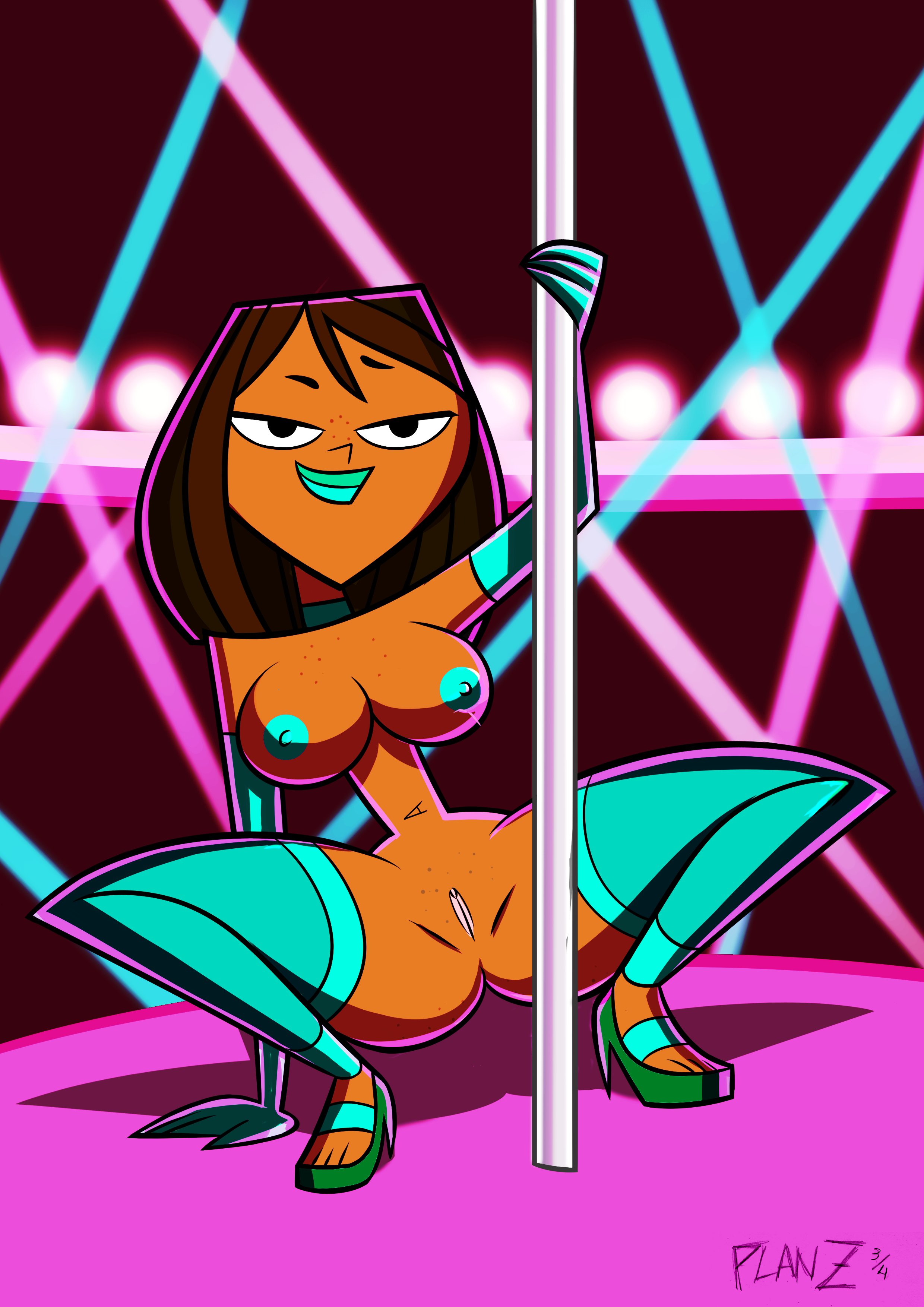 aqua lipstick, ass, big breasts, bottomless, breasts, brown hair, bubble ass, bubble butt, choker, clitoris, courtney (tdi), dark skin, dark-skinned female, elbow gloves, erect nipples, female, female focus, female only, freckles, high heels, labia, large breasts, lipstick, makeup, navel, nipple bulge, nipples, pasties, planz34, pose, posing, pussy, short hair, smooth skin, solo, squatting, stripper, stripper pole, tagme, tan, teal lipstick, thighhighs, total drama island, vagina