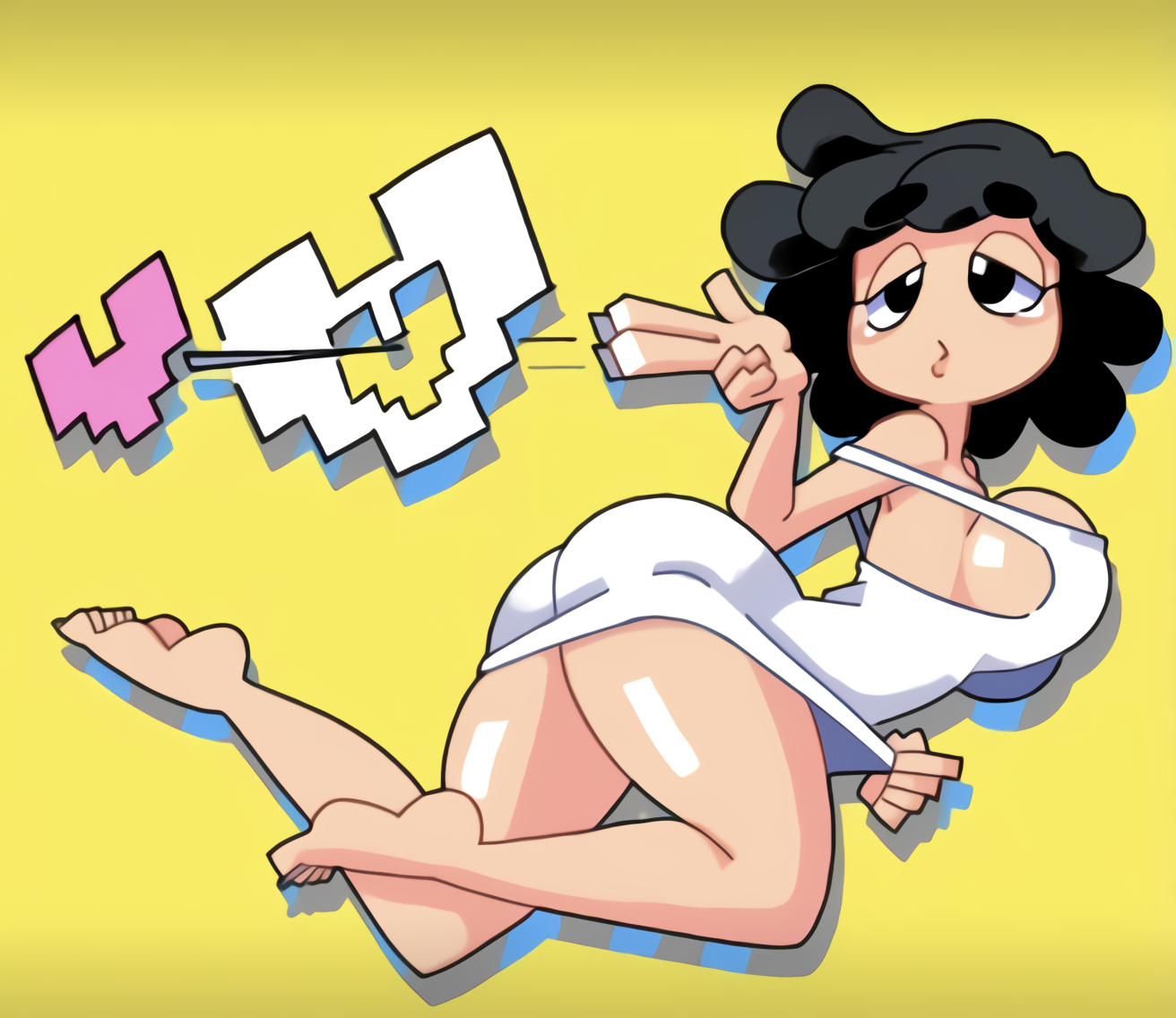 1girls, 2021, ass, bare arms, bare shoulders, big ass, black eyes, black hair, breasts, clothing, dress, eyebrows visible through hair, feet, female, female only, finger gun, floating, full body, heart, highres, large breasts, matching hair/eyes, minus8, one eye closed, original, shiny, shiny skin, shooting, short hair, sideboob, silhouette, simple background, soles, solo, strap slip, summer7, thick thighs, thighs, toes, variant, white dress, yellow background