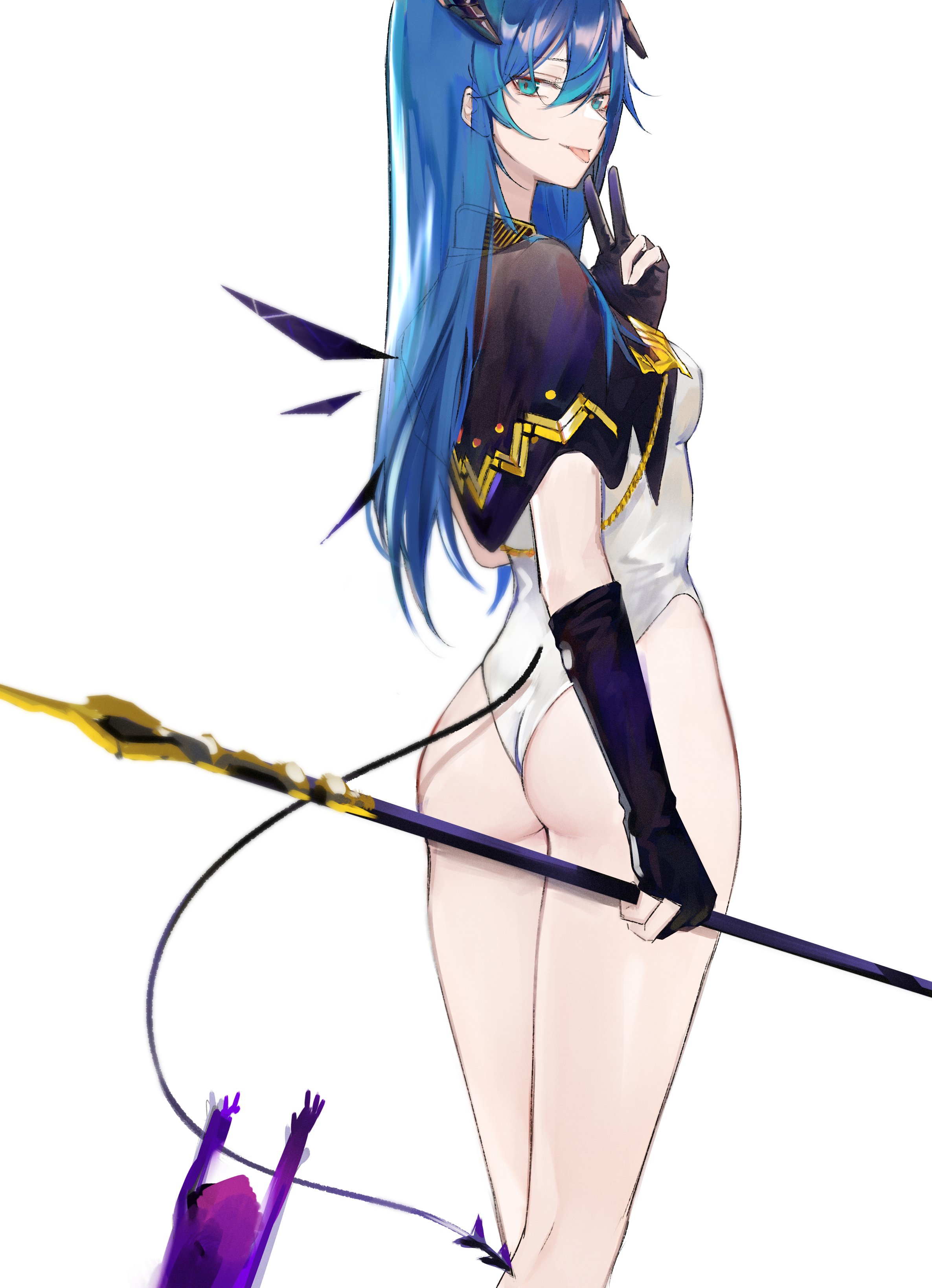 1girls, absurd res, arknights, arm warmers, ass, ass focus, back view, bare ass, bare legs, bea (12424 24), blue eyes, blue hair, breasts, capelet, cowboy shot, curvy, demon tail, elbow gloves, female, female only, fingerless gloves, hair between eyes, highres, horns, leotard, light skin, light-skinned female, long hair, looking at viewer, medium breasts, mostima (arknights), pale skin, pale-skinned female, peace sign, posing, revealing clothes, solo, solo focus, tail, thighs, tongue, tongue out, white background, wings