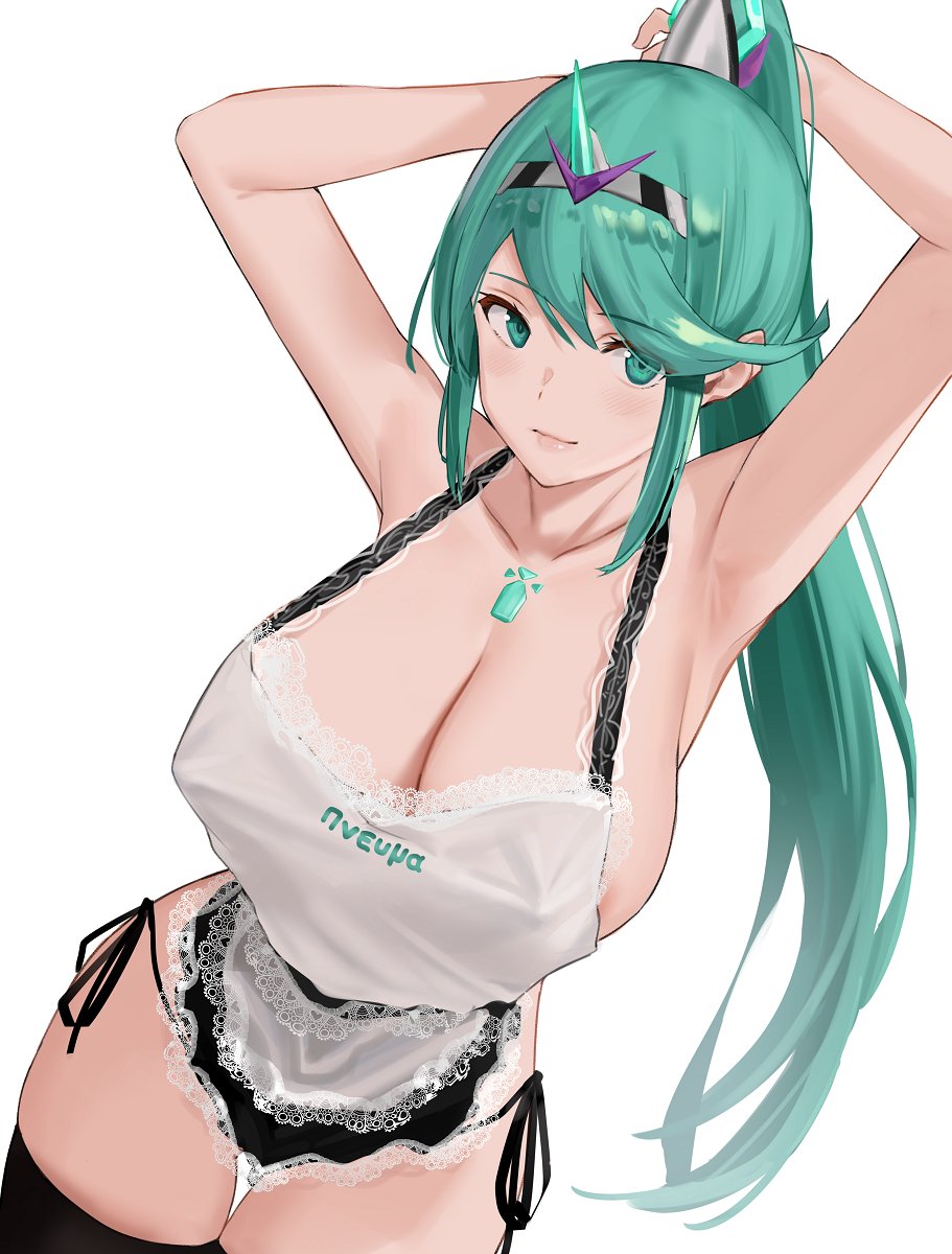 1girls, apron, areola, areola slip, armpits, arms behind head, arms up, bangs, black legwear, black panties, blush, breasts, chest jewel, cleavage, collarbone, female, green eyes, green hair, j@ck, lace trim, large breasts, panties, pneuma (xenoblade), ponytail, sideboob, simple background, smile, swept bangs, thighhighs, thighs, tiara, underwear, very long hair, white background, xenoblade (series), xenoblade chronicles 2