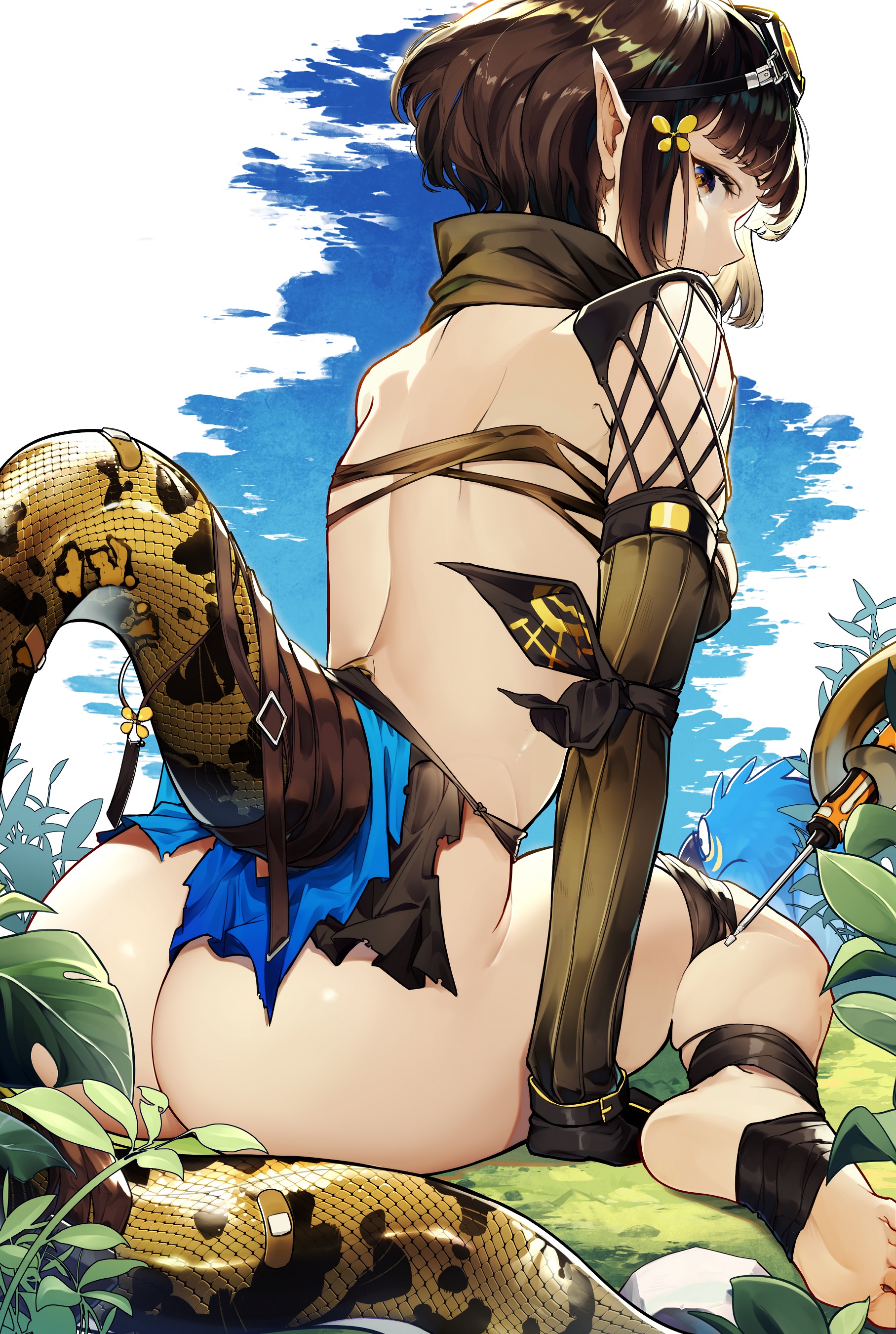 1girls, arknights, arm warmers, ass, back, back view, bangs, bare back, bare shoulders, breasts, brown eyes, brown hair, curvy, day, dpea9, elbow gloves, eunectes (arknights), feet, female, female focus, female only, goggles, highres, hourglass figure, large ass, long tail, looking at viewer, outdoors, pale skin, pointy ears, revealing clothes, ripped clothing, scarf, short hair, snake girl, soles, solo, tail, thick thighs, thighs, toes