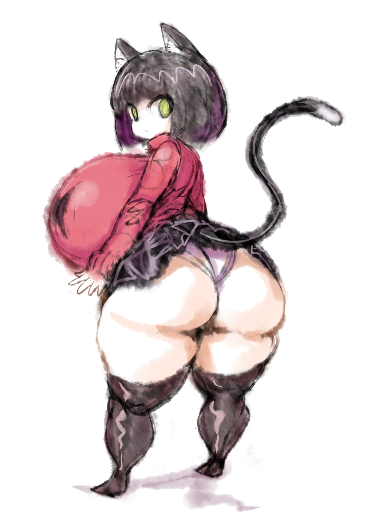 1girls, 2b213, ass, back view, big eyes, big head, black ears, black hair, black skirt, black tail, bulging breasts, cat ears, cat tail, clothed, clothed female, dilated pupils, dot mouth, exposed ass, exposed panties, female, gluteal fold, hair, huge ass, impossible clothes, inner ear fluff, legwear, light skin, light-skinned female, looking at viewer, looking back, medium hair, miniskirt, neko, no nose, panties, pink panties, rear view, red clothing, red topwear, shortstack, skirt, small but busty, standing, tail, upskirt, wide-eyed, yellow eyes