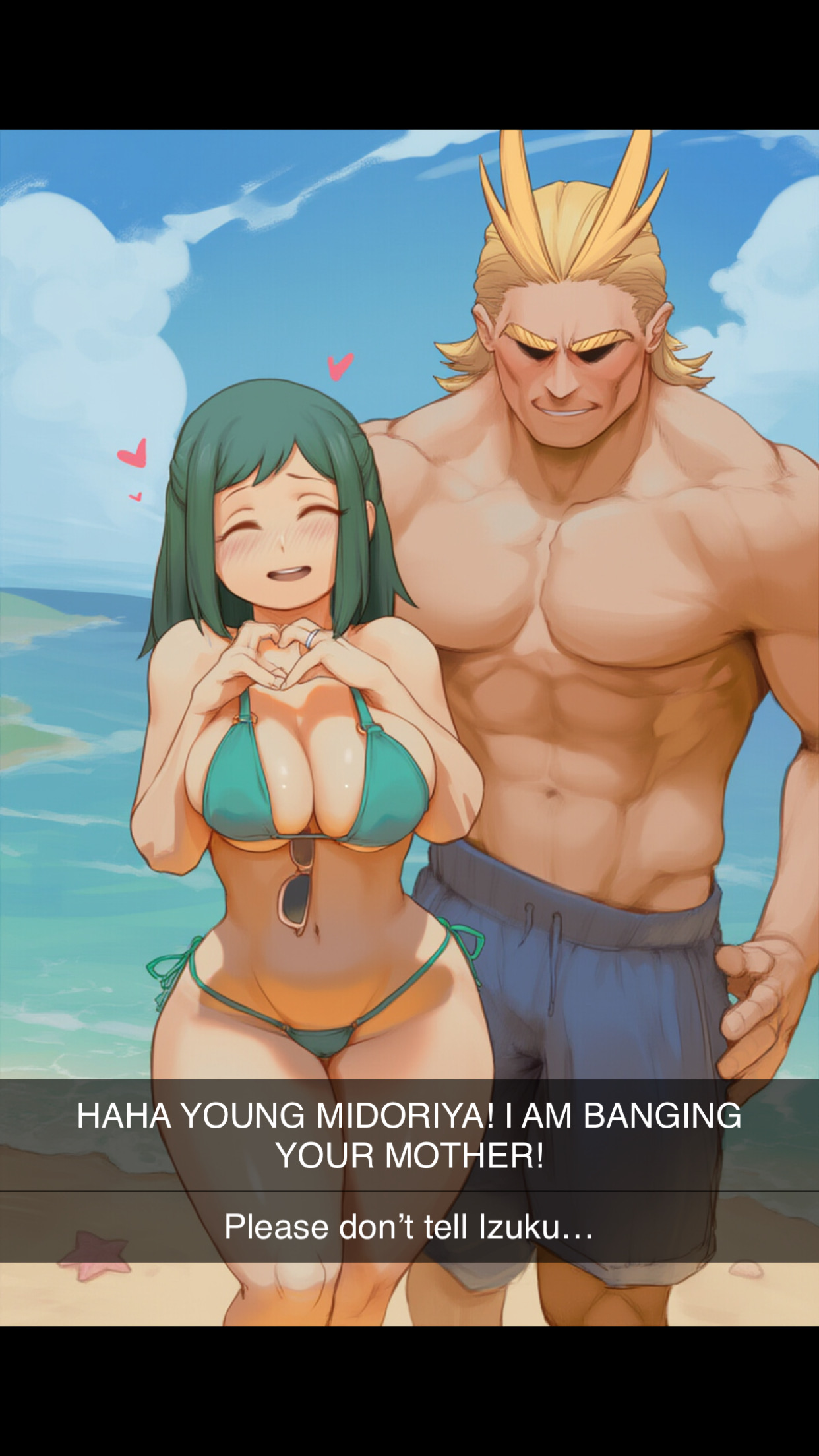 ai generated, all might, beach, bikini, boku no hero academia, breasts, curvy female, female, heart hands, hearts around head, inko midoriya, large breasts, male, milf, muscular, muscular male, my hero academia, nullificater, text, toshinori yagi