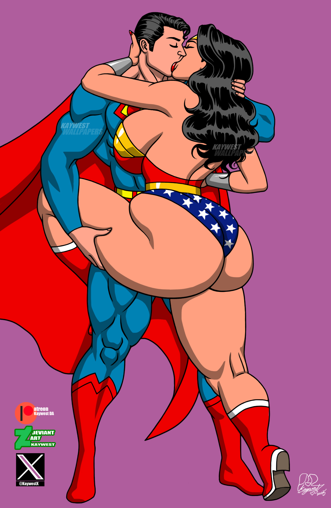 ass, black hair, clark kent, dc, dc comics, female, kal-el, kaywest, kissing, making out, superman, superman (clark kent), superman (series), thick, thick ass, thick thighs, wonder woman, wonder woman (series)