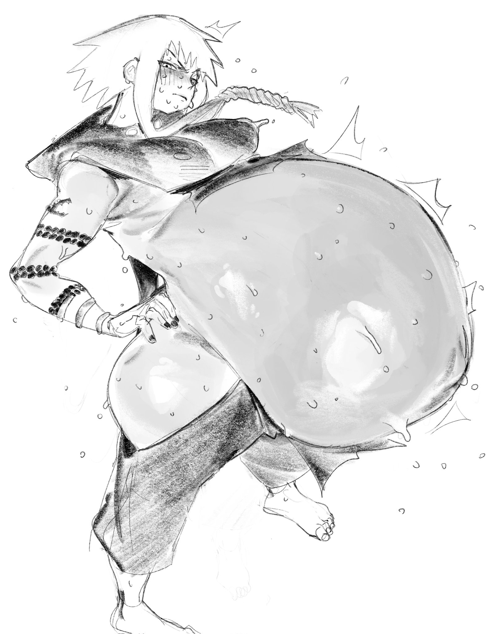 bare belly, blush, breasts, bulging belly, female, huge belly, hyper pregnancy, looking at viewer, medusa gorgon, monochrome, no bra, no panties, pregnant, pregnant female, ready to pop, soul eater, thefortniteceo (artist)
