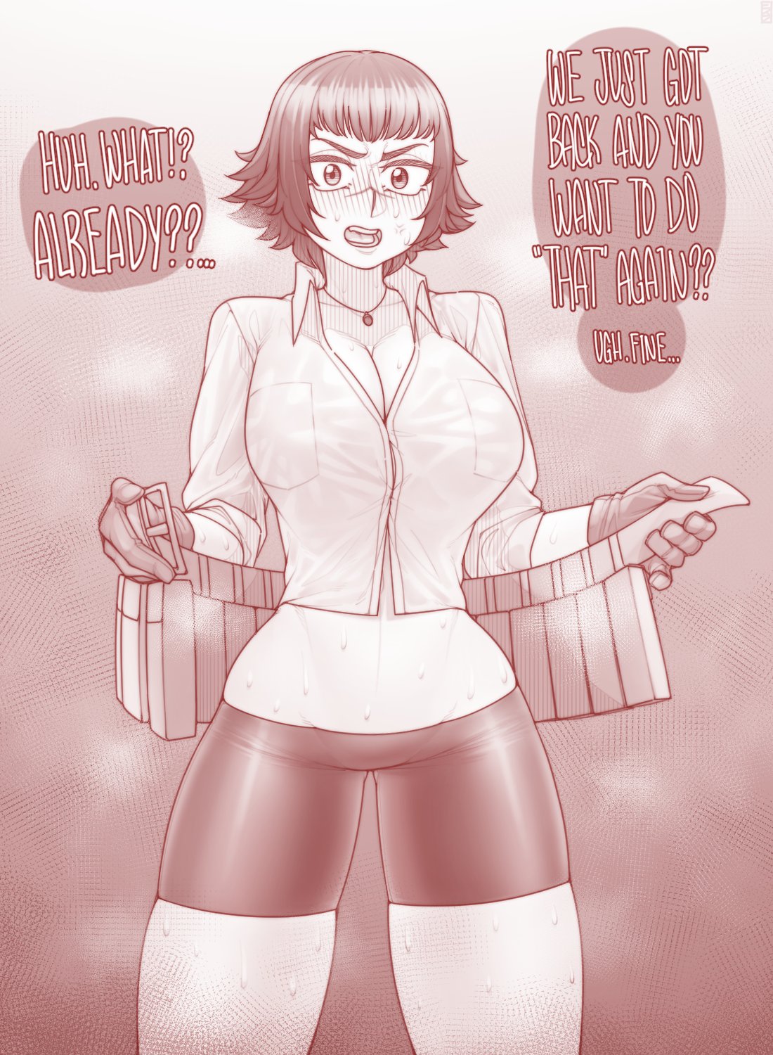 1girls, 2d, big breasts, bike shorts, breasts, devil may cry, devil may cry (series), devil may cry 3, ekz, english text, female, female only, lady (devil may cry), solo, text, tomboy