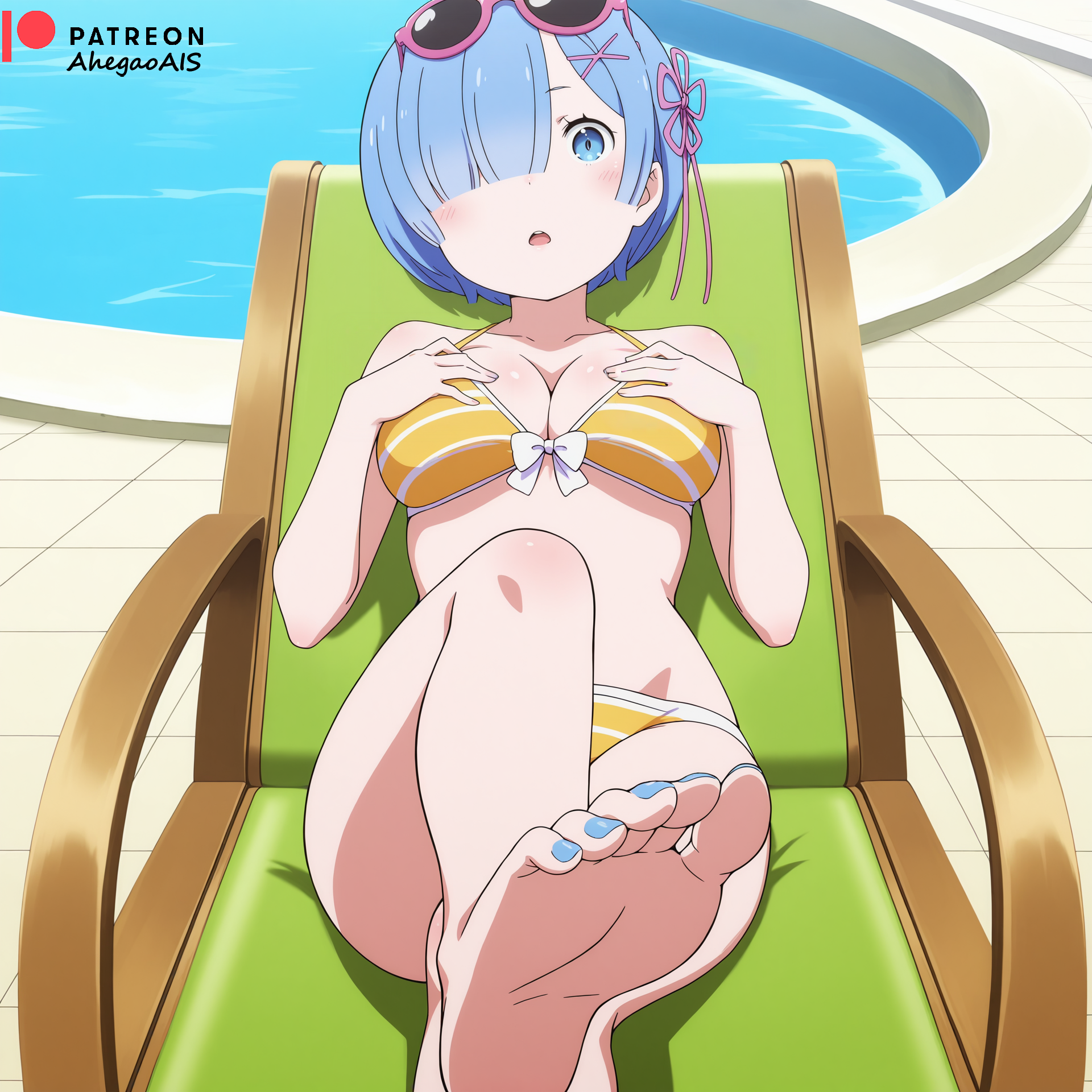 2d, 2d (artwork), 2d artwork, ahegao ai, ai generated, bikini, bikini bottom, bikini top, breasts, feet, feet up, female, female only, patreon, patreon link, patreon logo, patreon url, patreon username, re:zero kara hajimeru isekai seikatsu, rem (re:zero), solo, solo female, solo focus, toes, watermark