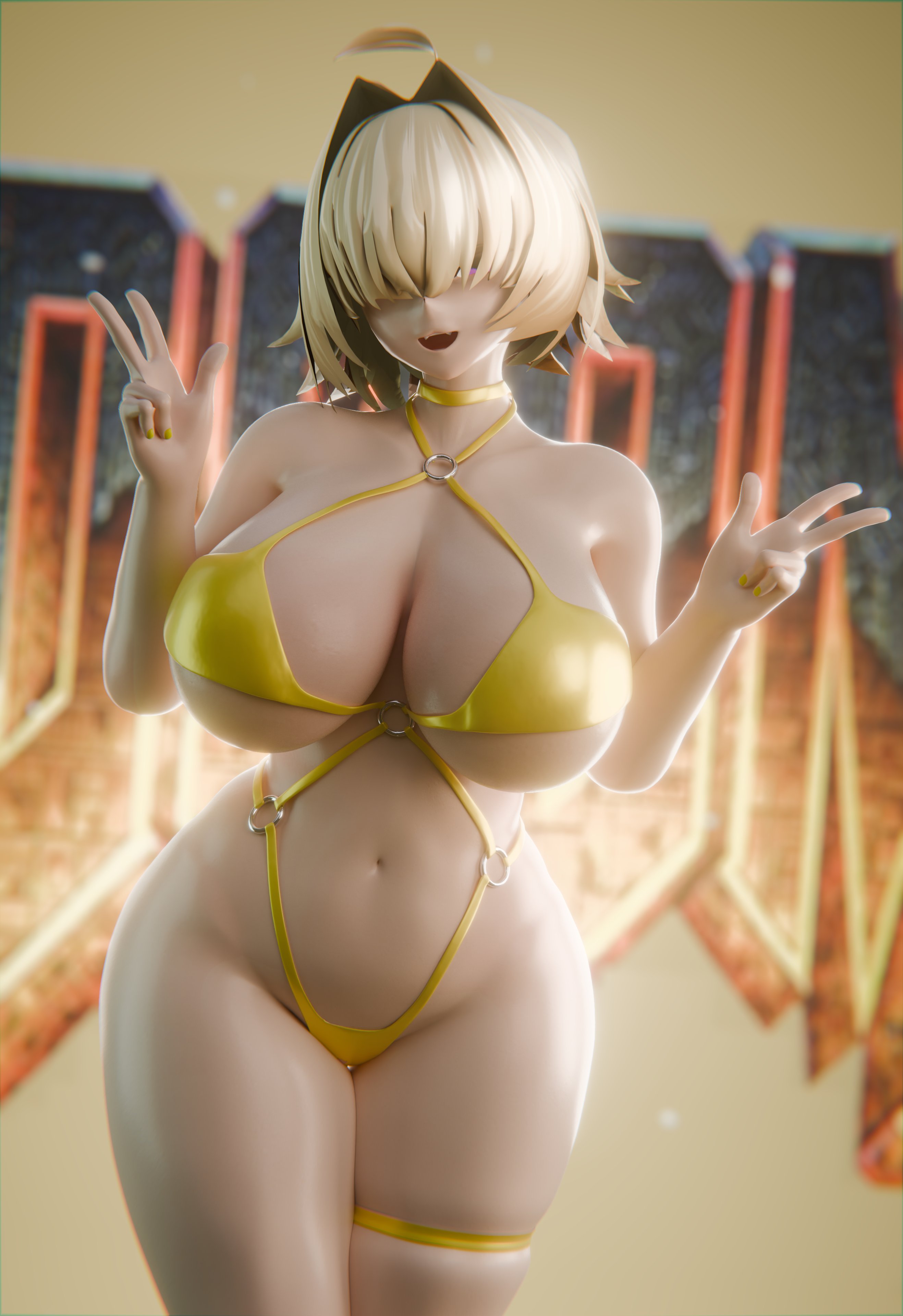1girls, 3d, 3d (artwork), big breasts, bikini, blinding bangs, blonde female, blonde hair, blonde-haired female, breasts, dkclaude3d, elegg (nikke), female, female focus, female only, goddess of victory: nikke, hair over eyes, large boobs, large breasts, light skin, light-skinned female, peace sign, solo, solo female, solo focus, standing, swimsuit, yellow bikini