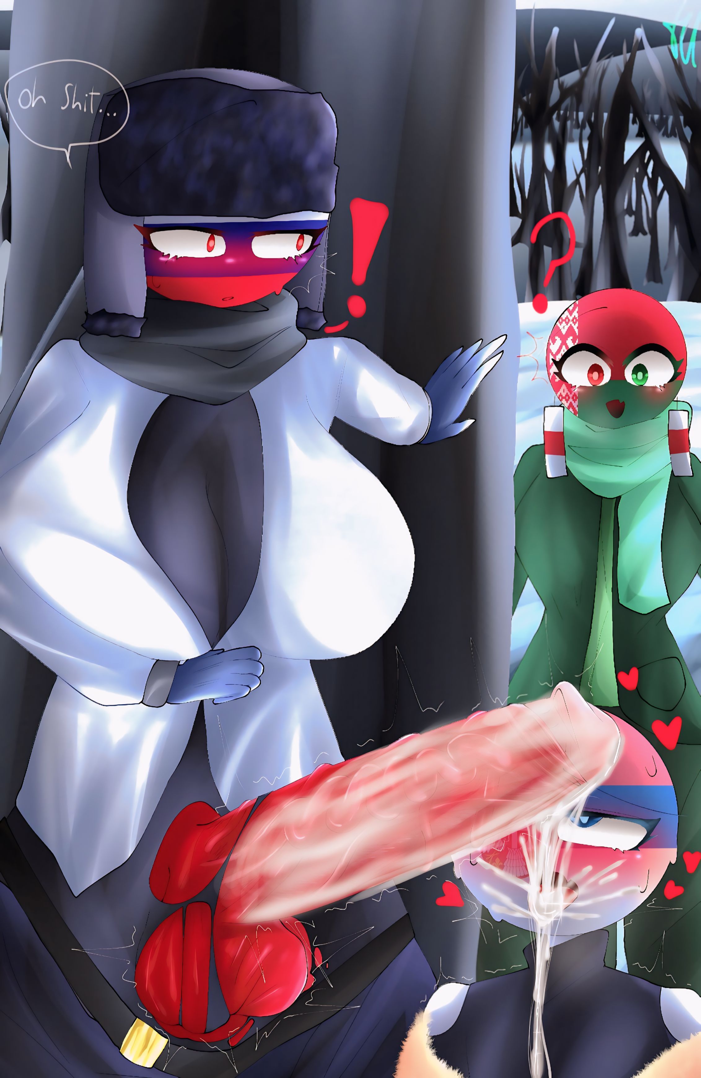 1futa, 2girls, 44waa29304, belarus (countryhumans), countryhumans, countryhumans girl, cum covered penis, cum in mouth, forest, hd, penis in mouth, pleasure face, russia (countryhumans), serbia (countryhumans)
