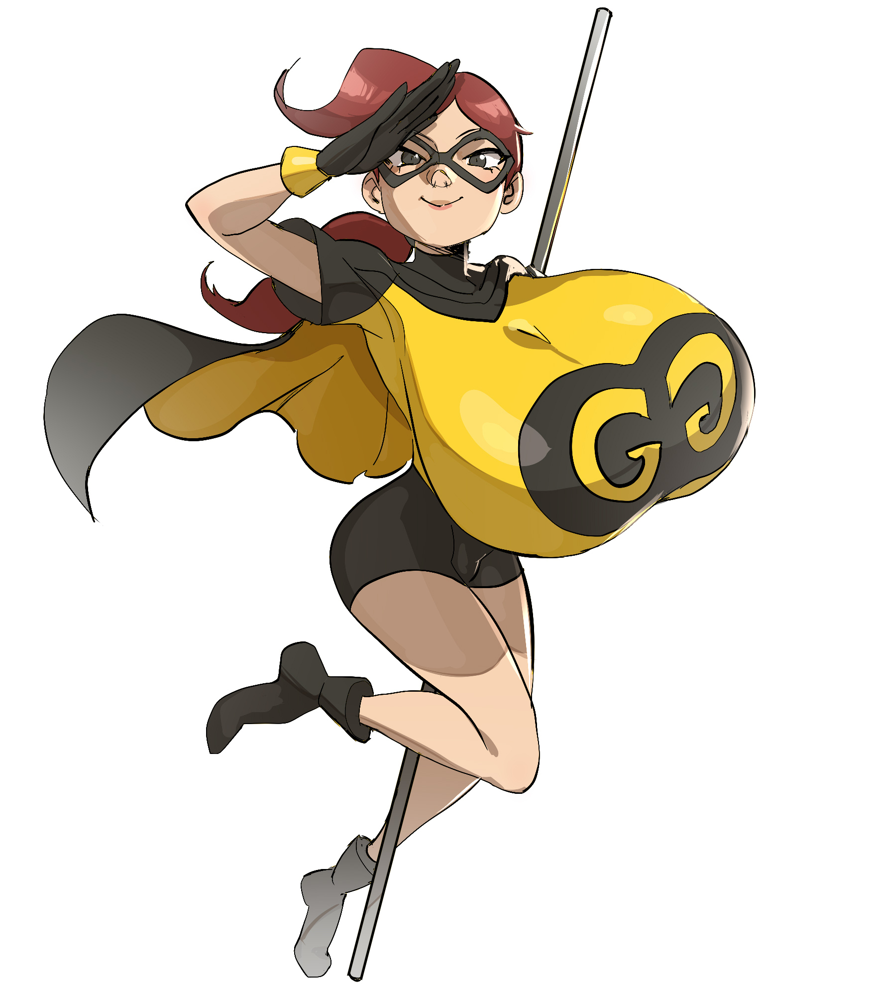 1girls, arm up, artist request, ass, audrey page, big breasts, black eyes, bodysuit, boots, breasts, breasts bigger than head, busty, cape, clothed, clothed female, clothing, female, footwear, front view, fully clothed, gigantic breasts, gloves, golden girl, hair, handwear, hi res, hourglass figure, huge breasts, human, large breasts, legs together, light skin, light-skinned female, long hair, looking at viewer, mask, one arm up, pole, ponytail, pose, posing, raised arm, red hair, redhead, salute, simple background, skin tight, smile, smiling, smiling at viewer, solo, standing, the developing adventures of golden girl, thighs, top heavy, white background, wide hips