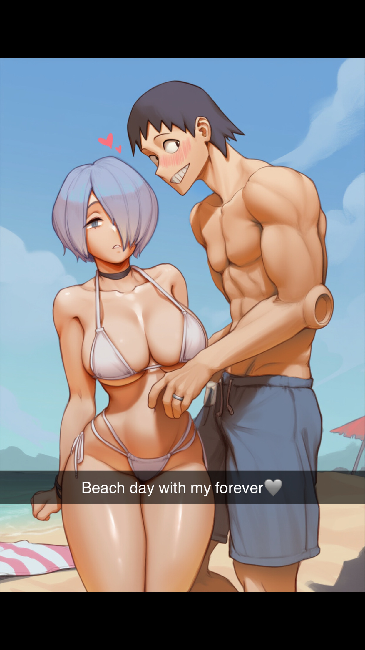 ai generated, beach, bikini, boku no hero academia, breasts, choker, curvy, hair over one eye, hanta sero, hearts around head, large breasts, male, my hero academia, nullificater, reiko yanagi, text, thicc, thick thighs, toned, toned body, toned male, wedding ring