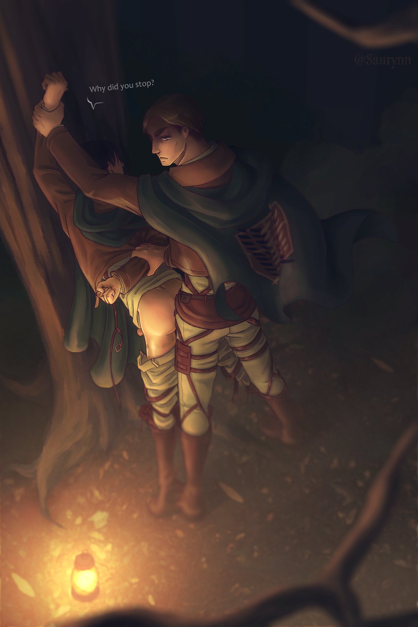 2boys against_tree anal anal_sex arched_back attack_on_titan bare_ass blonde_hair clothed clothing erwin_smith gay grinding levi levi_ackerman male male/male male_only male_penetrated male_penetrating night outdoors outside penetration pinned pinned_arms saurynn sex_from_behind shingeki_no_kyojin size_difference standing text tree turning turning_around turning_head uniform yaoi