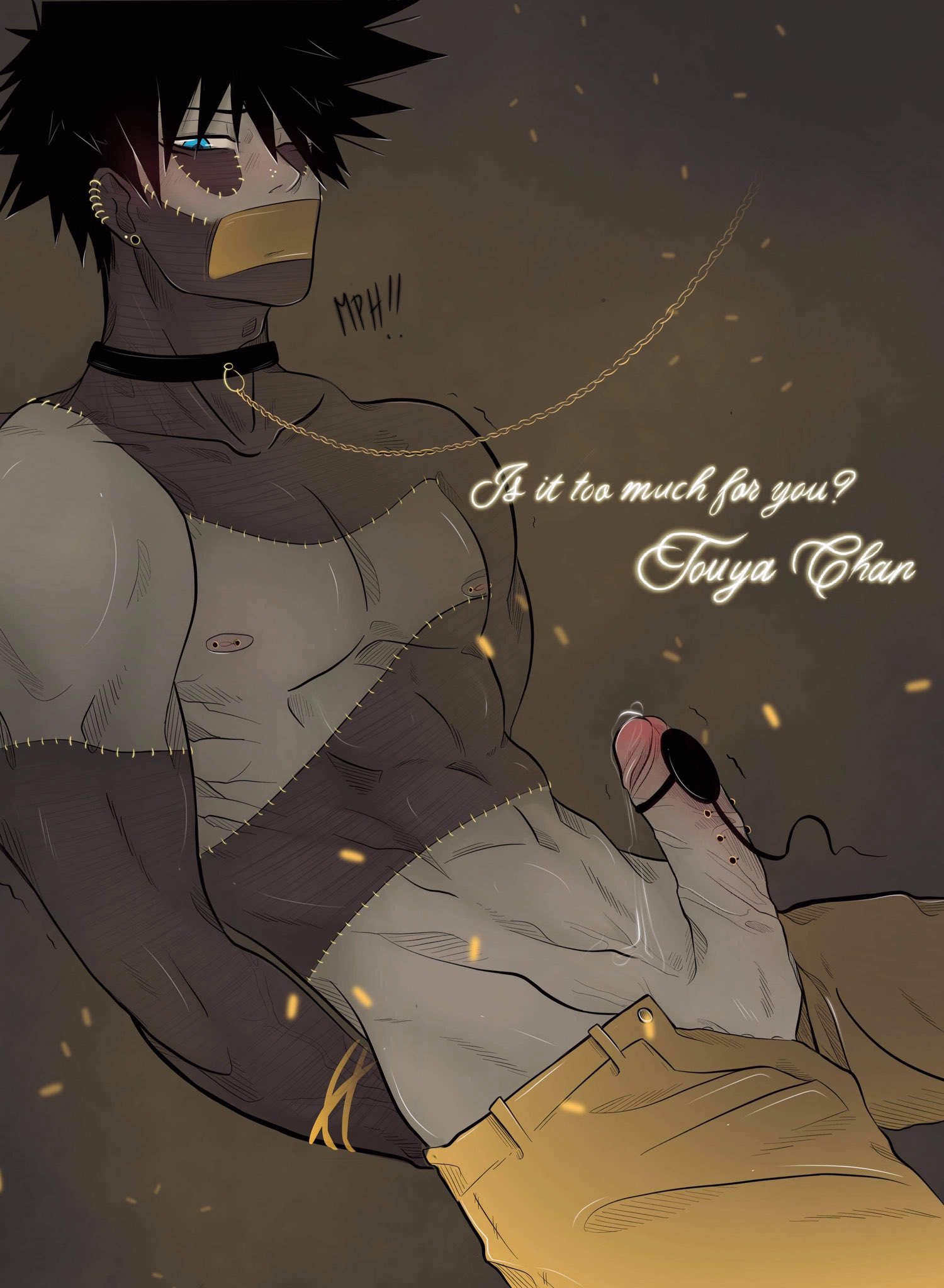 1boy, bare chest, bare shoulders, black hair, blue eyes, bodily fluids, collar, cum, dabi, gag, gagged, genital piercing, genitals, hands behind back, hands tied, hands tied back, leash, leash and collar, limited palette, male, male only, my hero academia, penis, penis out, pierced genitals, pierced penis, piercing, sex toy, shirtless, solo, solo male, tape, tape gag, taped mouth, text, the naughty gemini, tied up, touya todoroki, toy, unbuttoned, unbuttoned pants