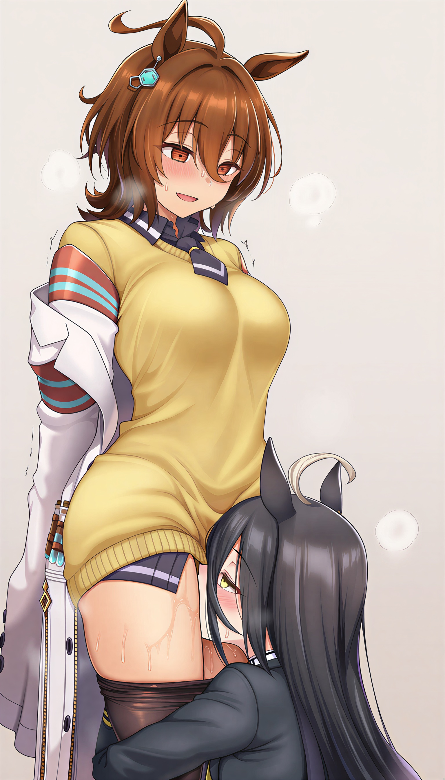 2girls, agnes tachyon (umamusume), ahoge, ai generated, black hair, blush, breasts, brown hair, clothed, clothed female, cunnilingus, ear piercing, female, female only, hi res, horse ears, horse girl, hourglass figure, implied cunnilingus, labcoat, long hair, looking down at partner, manhattan cafe (umamusume), no panties, okasa re taii, open mouth, pants down, partially clothed, partially clothed female, red eyes, short hair, standing cunnilingus, steam, sweat, thick thighs, tie, tremble lines, umamusume, umamusume pretty derby, vaginal fluids, vest, wet, white ahoge, yellow eyes, yuri