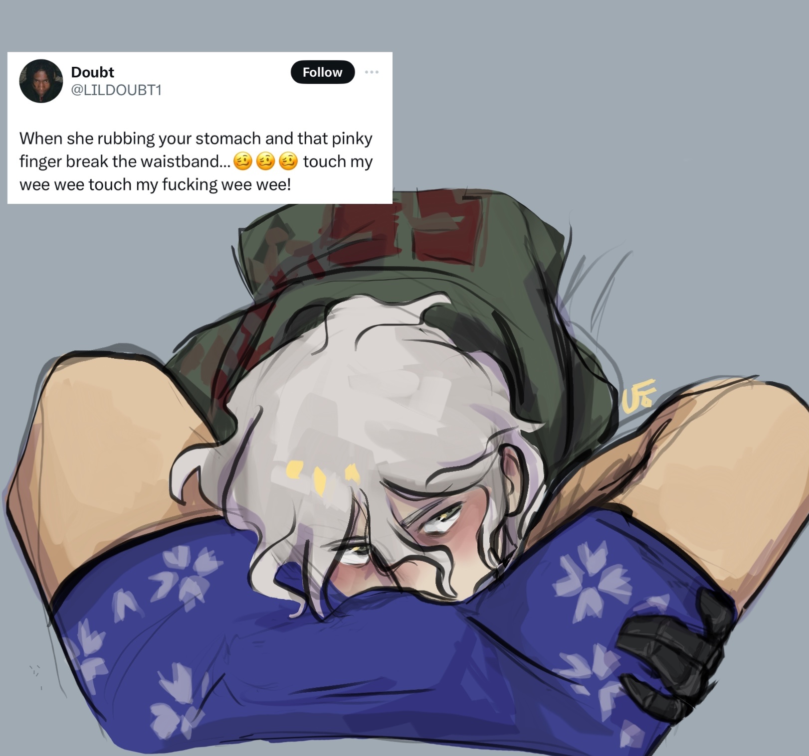 2boys, bedroom eyes, blank background, bulge, bulge through clothing, danganronpa, danganronpa 2: goodbye despair, gay, hinata hajime, imminent oral, imminent sex, male, male only, nagito komaeda, robotic arm, twink, ufoballs, underwear, yaoi