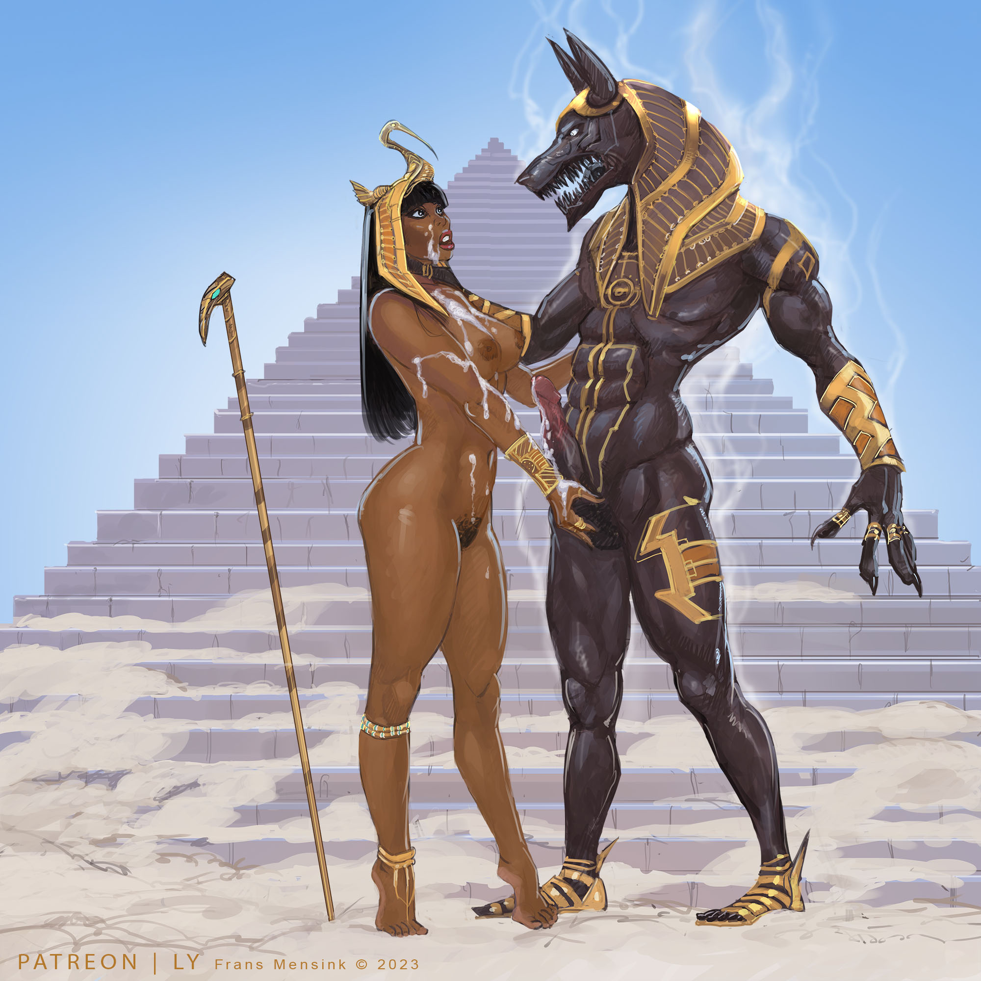 1boy, 1girls, ancient egypt, anubis, balls, blunt bangs, breasts, cum, cum on breasts, cum on face, dark skin, dark-skinned female, egyptian, egyptian female, erection, female, frans mensink, grabbing balls, hand on balls, male, nude, nude female, nude male, penis, pubic hair, tagme