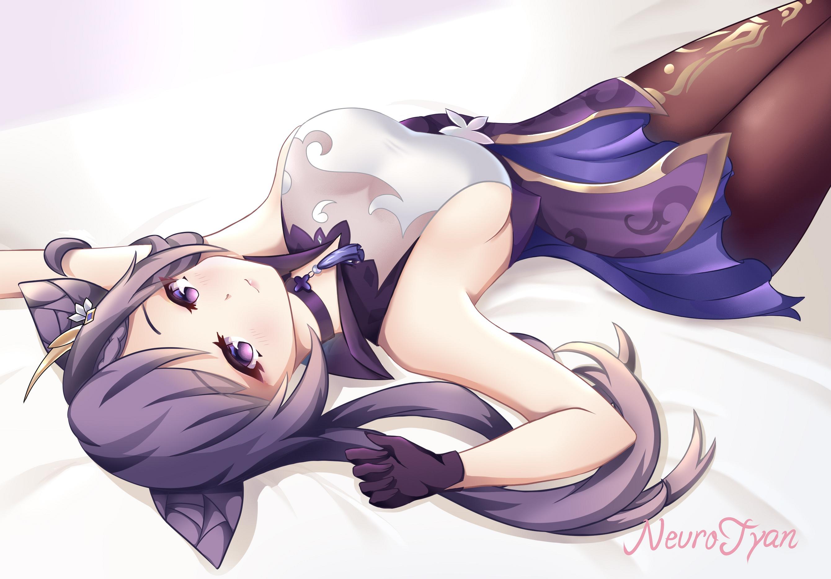 1girls, blush, breasts, dragon, female, genshin impact, hi res, keqing (genshin impact), large breasts, lying, on back, pantyhose, purple eyes, purple hair, sideboob, twintails