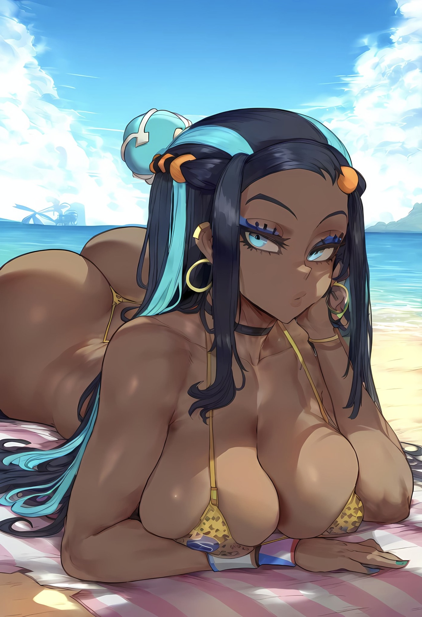1girls, ai generated, ass, bare arms, bare legs, bare shoulders, bare thighs, big ass, big breasts, big butt, bikini, black hair, blue eyes, breasts, color, dark skin, dark-skinned female, female, fit, fit female, game freak, gym leader, hi res, large breasts, long hair, looking at viewer, muscles, muscular, muscular female, nessa (pokemon), nintendo, paulinebabe, pokemon, pokemon ss, pokemon trainer, thick thighs