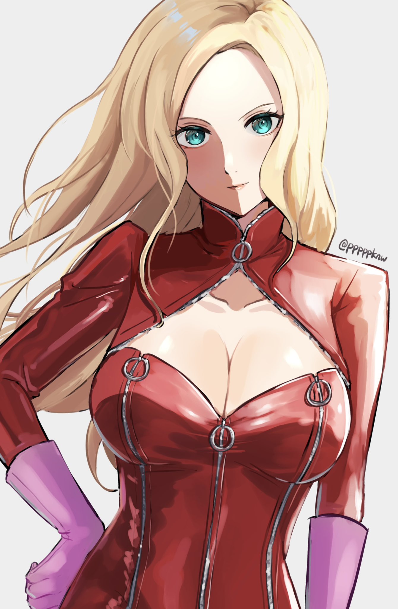 ann takamaki, blonde female, blonde hair, blue eyes, bodysuit, cleavage, clothed, clothed female, female, hair down, long hair, looking at viewer, persona, persona 5, phantom thief suit, pppppknw, soft smile, suit, white skin, zipper, zipper pull tab