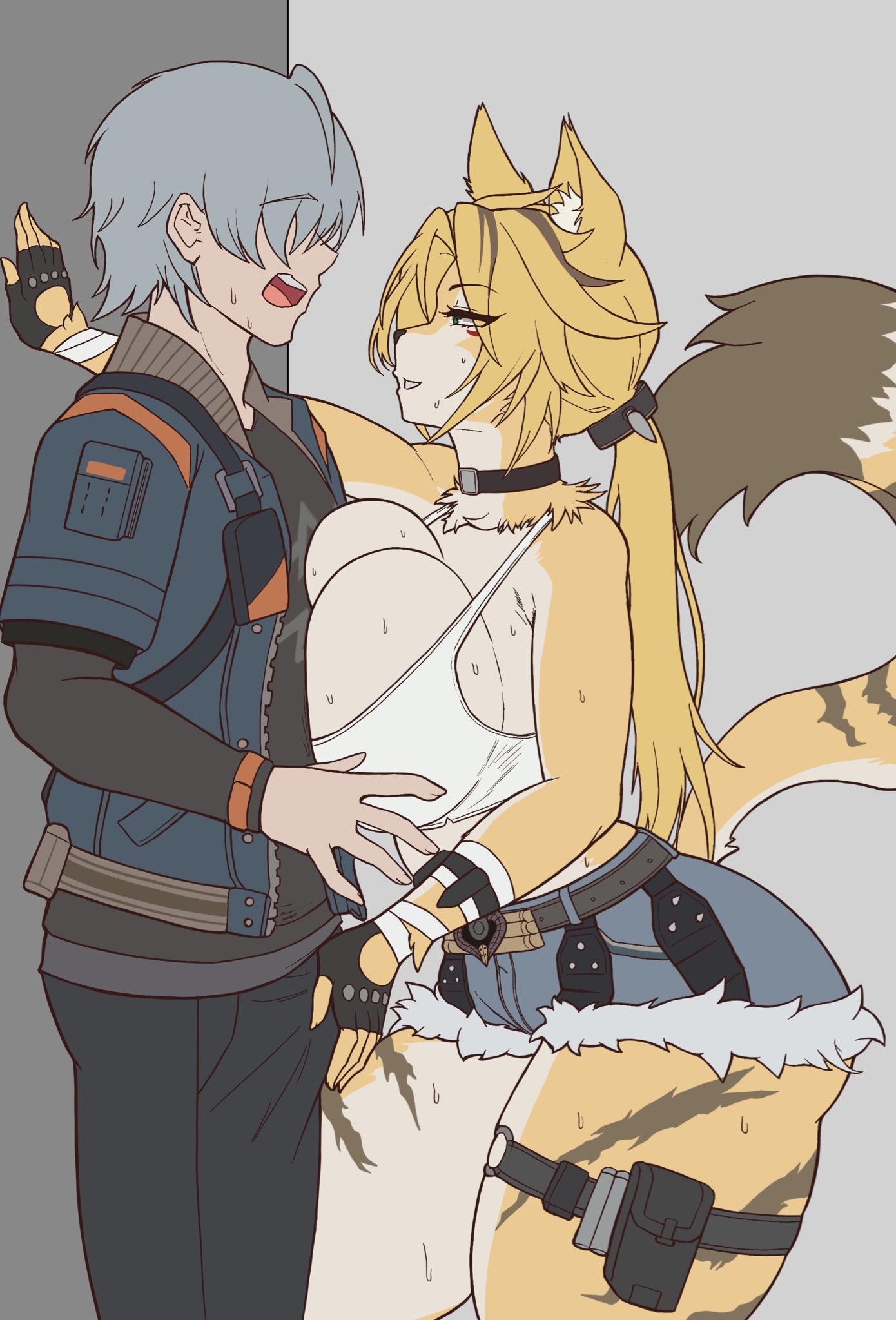 1boy, 1girls, anthro, arcsinge, blonde hair, blue jacket, booty shorts, breast press, breasts, cat ears, cat girl, cat tail, catgirl, choker, daisy dukes, embarrassed, embarrassed male, female, female anthro, fingerless gloves, furry, furry female, green eyes, grey hair, hair over eyes, huge breasts, human, human male, human male on anthro female, human on anthro, interspecies, jacket, kemono, large breasts, light skin, light-skinned male, long hair, long tail, male, midriff, midriff baring shirt, neck tuft, pale skin, pale-skinned male, ponytail, pulchra (zenless zone zero), pulchra fellini, short shorts, sweat, sweaty, sweaty body, thick thighs, thigh strap, wide hips, wise (zenless zone zero), yellow fur, yellow hair, zenless zone zero