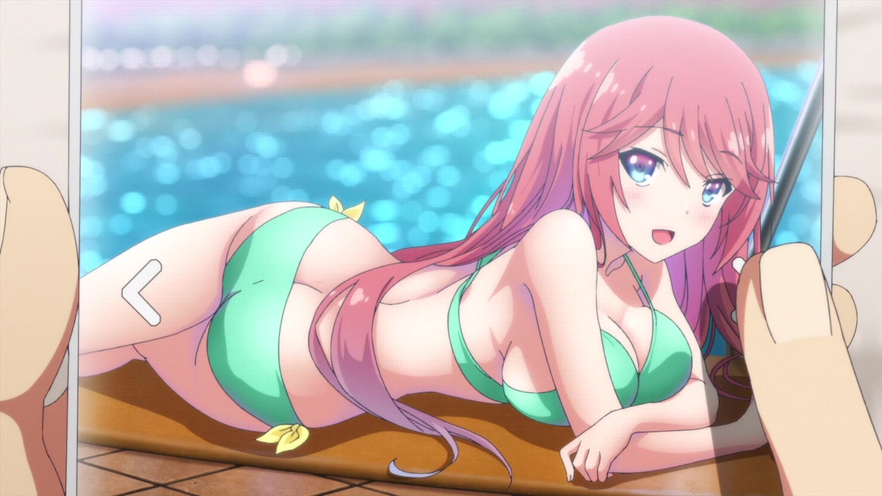 anime, ass, ass focus, big breasts, bikini, breasts, classroom of the elite, cute, female, huge breasts, lingerie, long hair, pink hair, pressing breasts together, sakura airi, schoolgirl, screencap, suggestive, suggestive pose