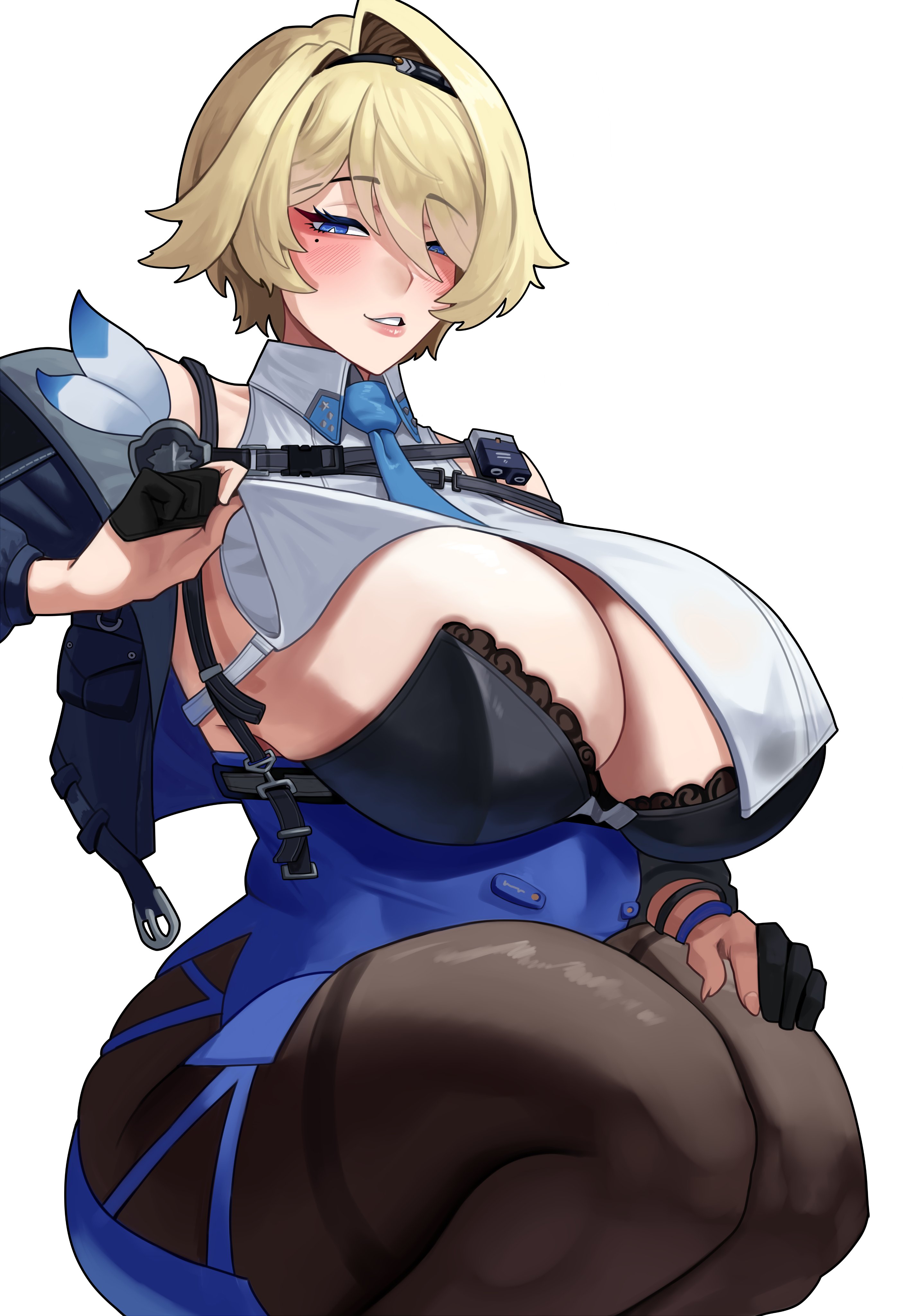 1girls, arapanchi, big breasts, blonde hair, blush, breasts, female, girls' frontline, girls' frontline 2: exilium, huge breasts, looking at viewer, looking down, mole under eye, nikketa (girls' frontline 2), plump, soldier, thick thighs, tie, vsk-94 (girls' frontline)