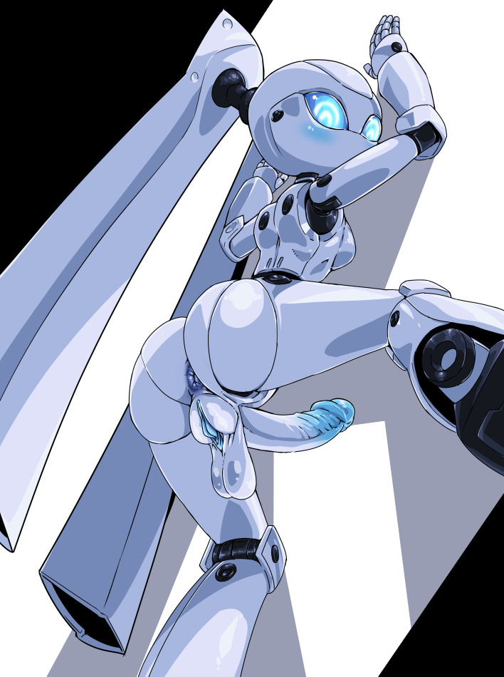 1futa, anus, ass, balls, blue eyes, blue glans, blue pussy, blush, breasts, clitoris, disney, drossel von flugel, erection, fireball (series), full-package futa, futa only, futanari, glans, hybrid, intersex, looking at viewer, looking back, no mouth, no nose, pale skin, penis, pochincoff, purple anus, pussy, robot, robot futa, solo, standing, testicles, uncensored, white penis