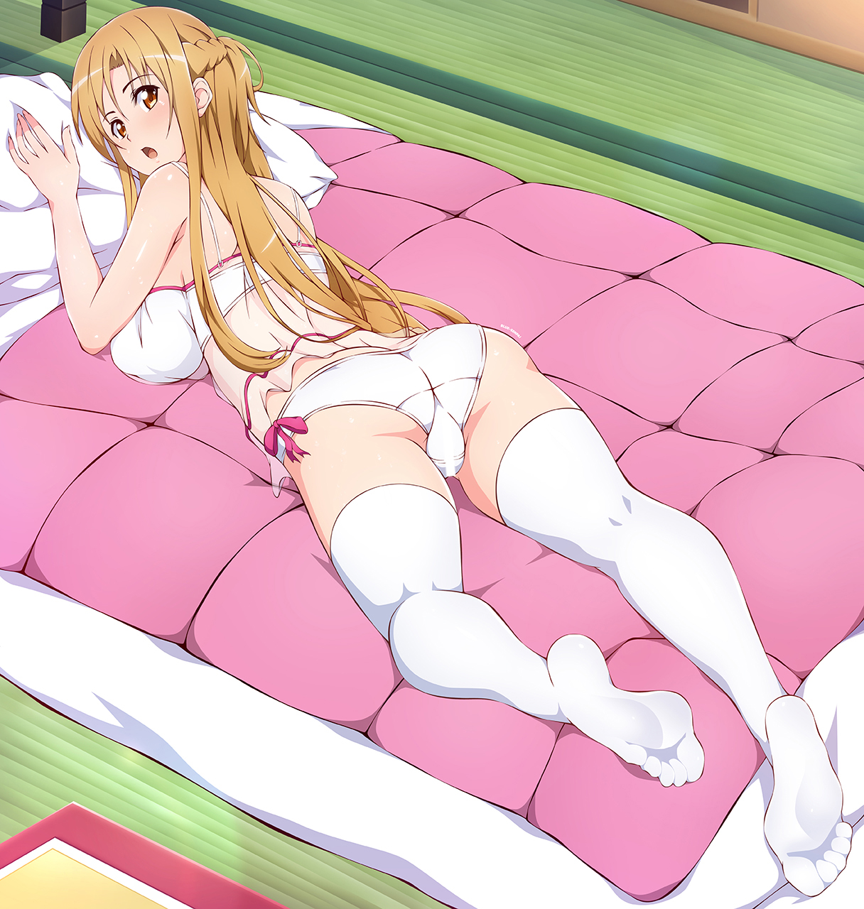 ass, big ass, big breasts, blue-senpai, breasts, clothed female, feet, female, long hair, looking back, no shoes, orange eyes, orange hair, stockings, sword art online, thick ass, thick lips, thick thighs, thighhighs, tight clothes, tight clothing, underwear, white legwear, yuuki asuna