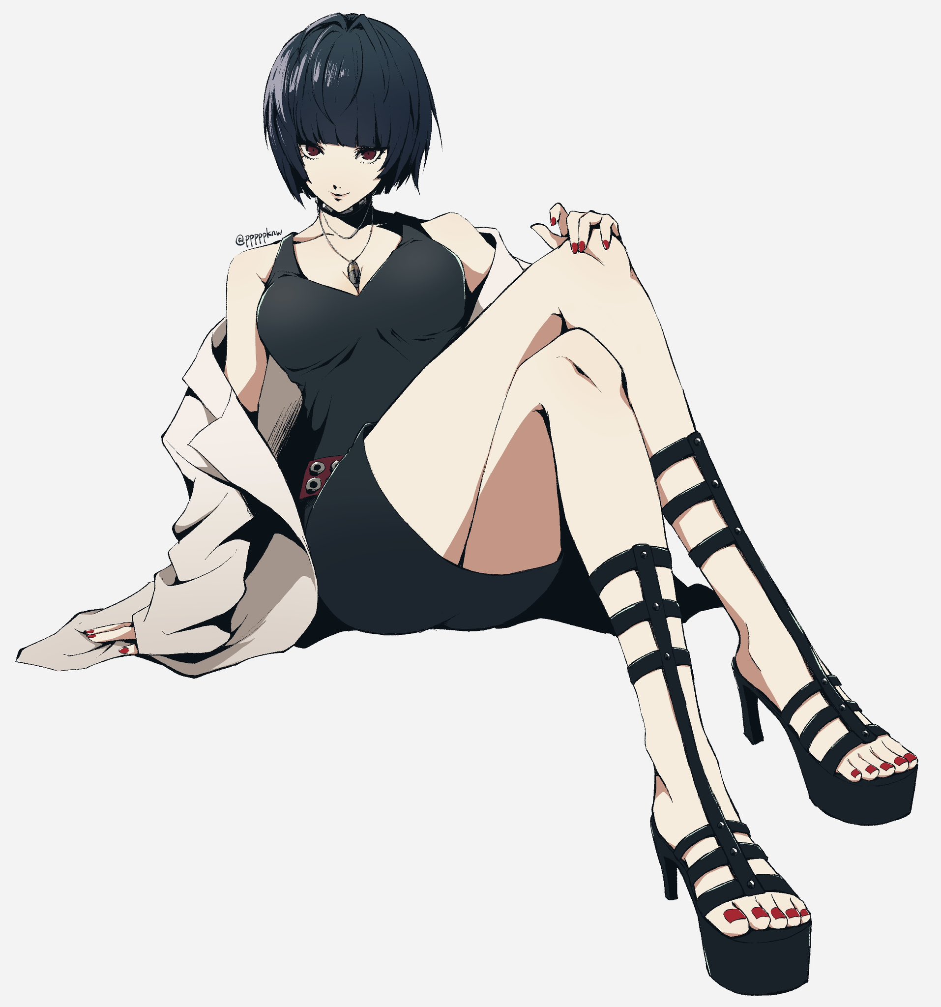 black dress, blue hair, breasts, choker, cleavage, doctor, dress, exposed shoulders, female, legs, long legs, looking at viewer, looking down, necklace, necklace between breasts, persona, persona 5, pppppknw, realistic anatomy, realistic breast size, realistic proportions, red eyes, short hair, shoulders, tae takemi
