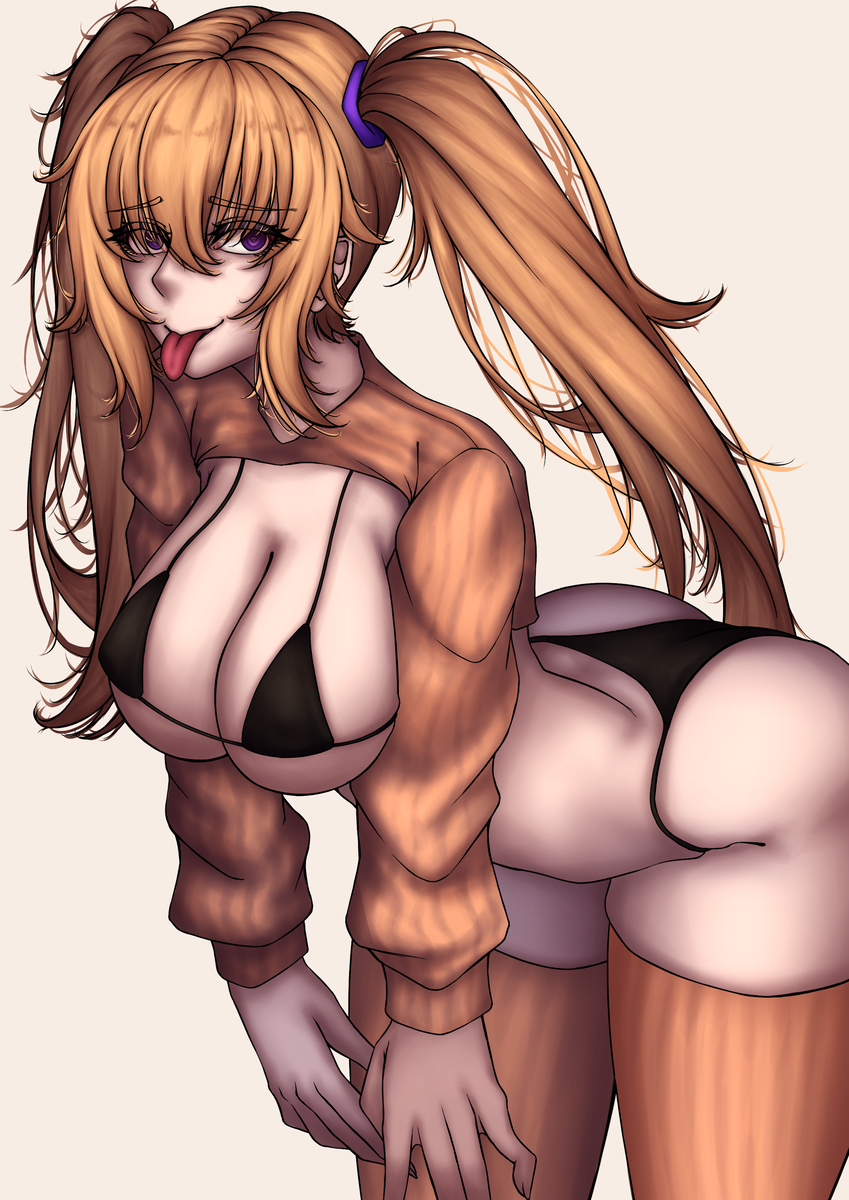 1girls aquaaqua bikini black_bikini blonde_hair female high_school_dxd large_breasts shidou_irina solo swimsuit thighhighs tongue_out