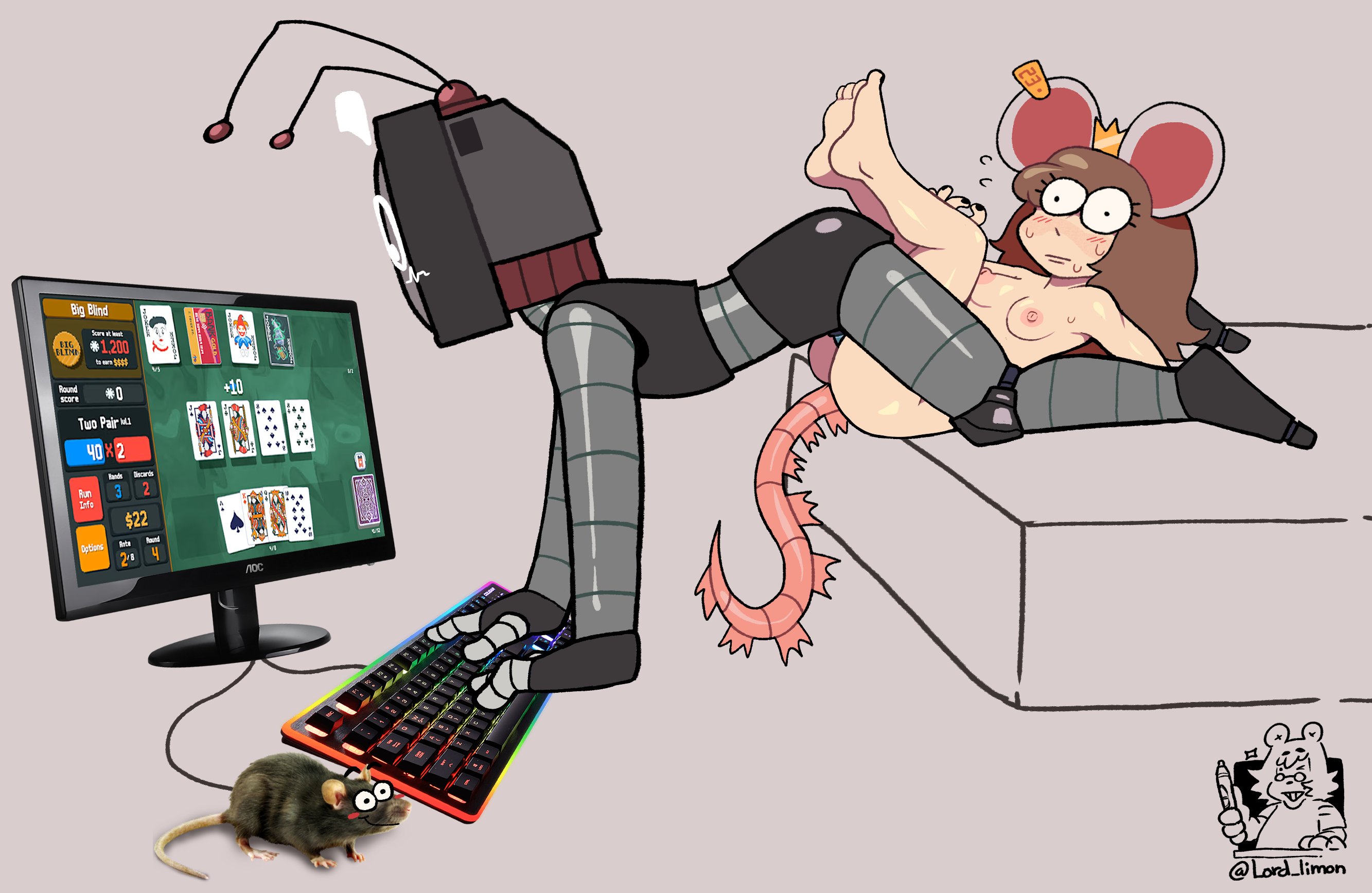 balatro, barefoot, canon couple, canonical sex, crown, cukizilla, doggy style, female, humor, lord onibi, male, nude, nude female, nude male, perfectos desconocidos, pierced ear, rat ears, rat girl, rat tail, reverse piledriver position, robot, sex, tv nauta, youtube, youtube hispanic