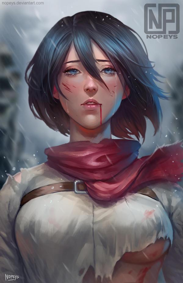 1girls, attack on titan, black eyes, black hair, blood, blue eyes, blush, breasts, crying, eyelashes, female, female only, grey eyes, medium breasts, medium hair, mikasa ackerman, nopeys, pale skin, red scarf, scar, scarf, shingeki no kyojin, short hair, slim, solo, tears, torn clothes, torn clothing, torn shirt, underboob, white shirt