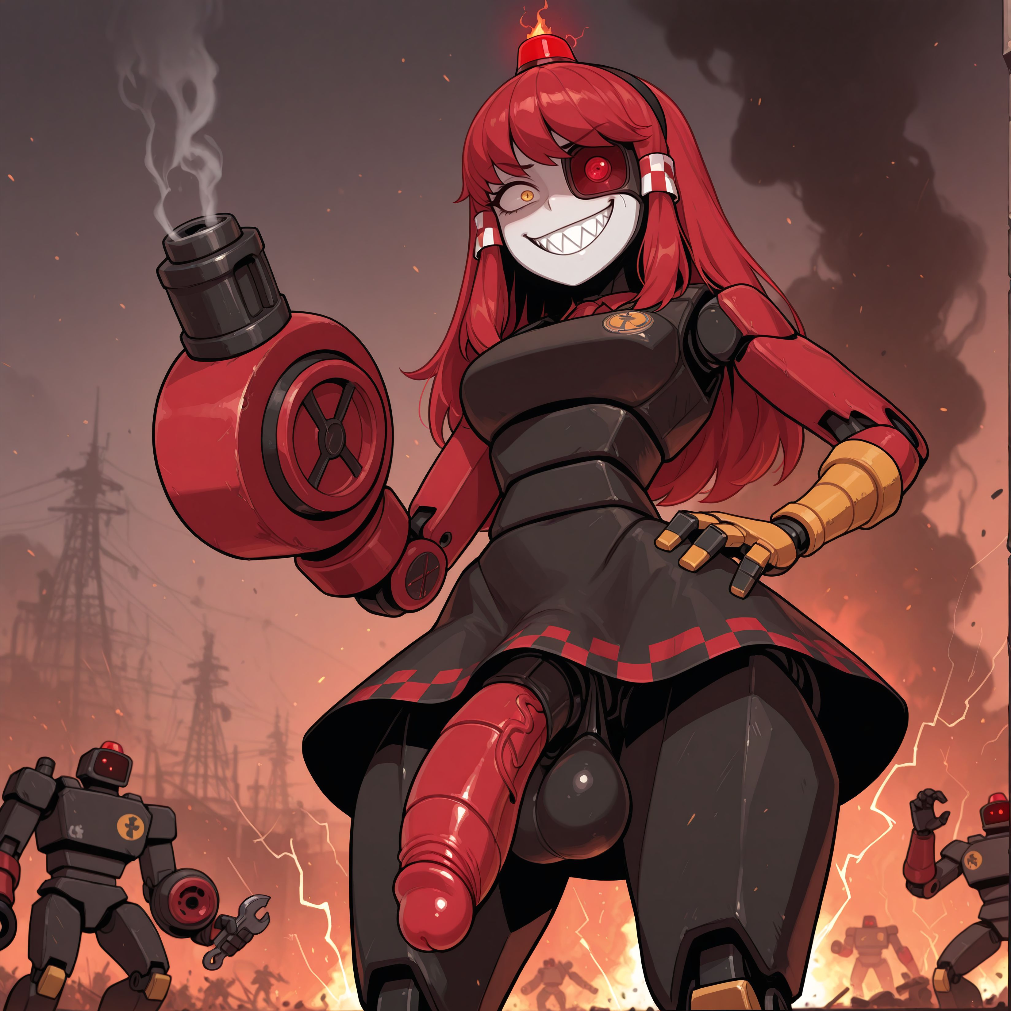 ai generated, female, futanari, intersex, mimi sentry, puffyart, red hair, robot girl, team fortress 2