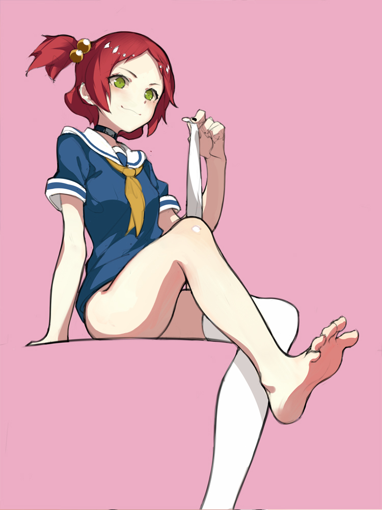 10s, arm support, auer, barefoot, blush, bottomless, choker, clothing, feet, female, foot fetish, green eyes, hair bobbles, hair ornament, no shoes, onigashira kosuri, pink background, purple hair, school uniform, serafuku, shimoneta to iu gainen ga sonzai shinai taikutsu na sekai, short sidetail, simple background, sitting, smirk, soles, solo, spread toes, stockings, thighhighs, thighhighs removed, toes, white legwear