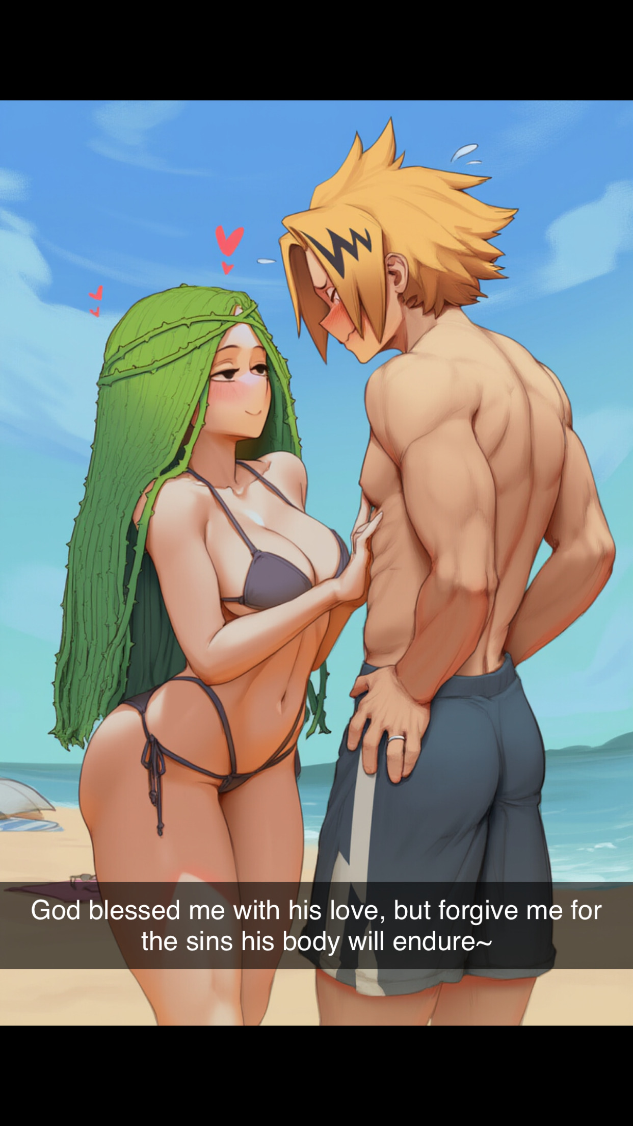 ai generated, ass, beach, bikini, blush, boku no hero academia, breasts, couple, curvy, denki kaminari, female, hearts around head, ibara shiozaki, kaminari denki, large ass, large breasts, my hero academia, nullificater, sexy smile, shiozaki ibara, shirtless, smile, sultry eyes, sultry gaze, text, wedding ring