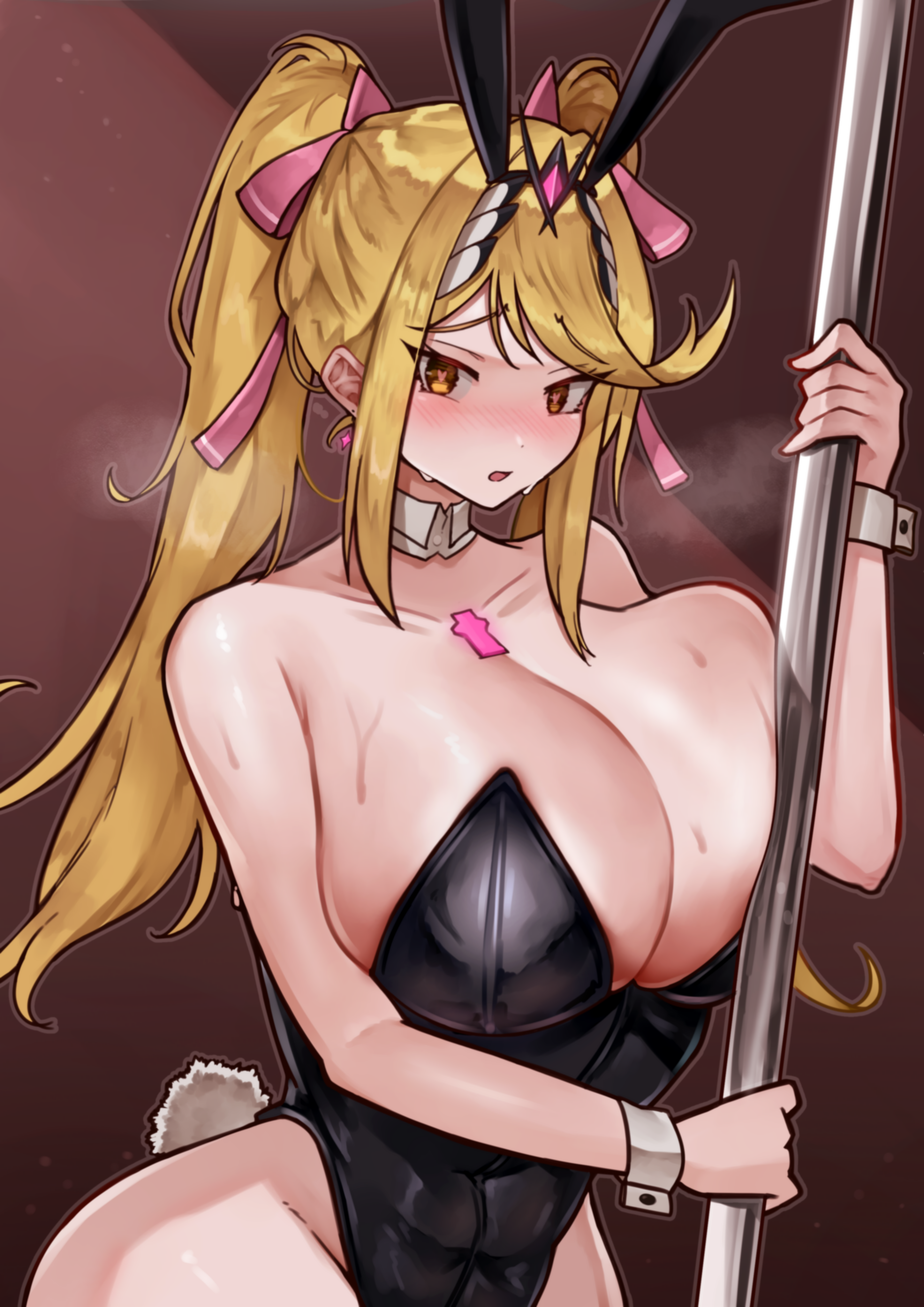 1girls, absurd res, black leotard, blonde hair, breasts, bunny ears, bunnysuit, cleavage, core crystal, corruption, exotic dancer, female, female only, heart-shaped pupils, highres, hypnosis, large breasts, leotard, long hair, looking at viewer, massive breasts, mind break, mind control, monolith soft, mythra, nightclub, nintendo, oniisan02b, pole, pole dancer, pole dancing, strip club, stripper, stripper clothes, stripper pole, stripping, thick thighs, thighs, upper body, very long hair, xenoblade (series), xenoblade chronicles 2, yellow eyes, yotsuhauni