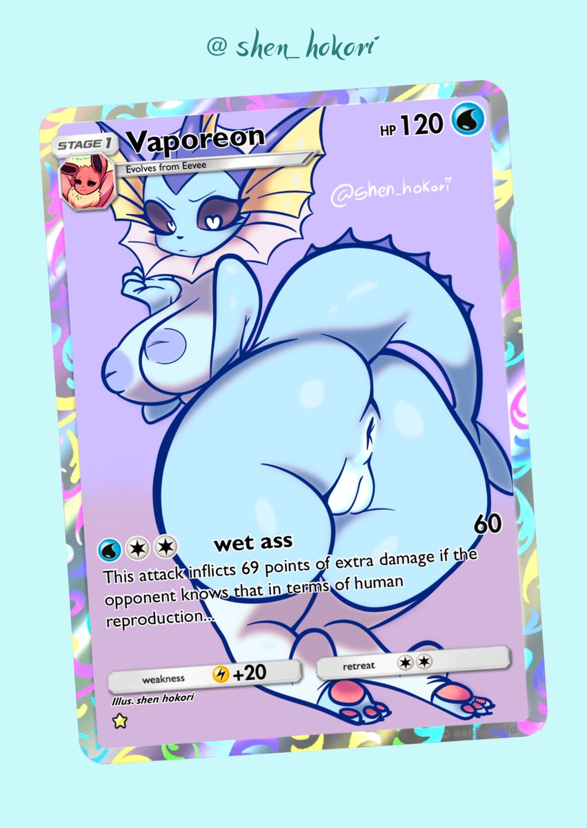 ass, big ass, big butt, blue skin, breasts, english text, female, heart-shaped pupils, no humans, pokemon, pokemon (species), pokemon card, pokemon tcg, puffy nipples, pussy, shen hokori, solo, stockings, tail, vaporeon, wide hips