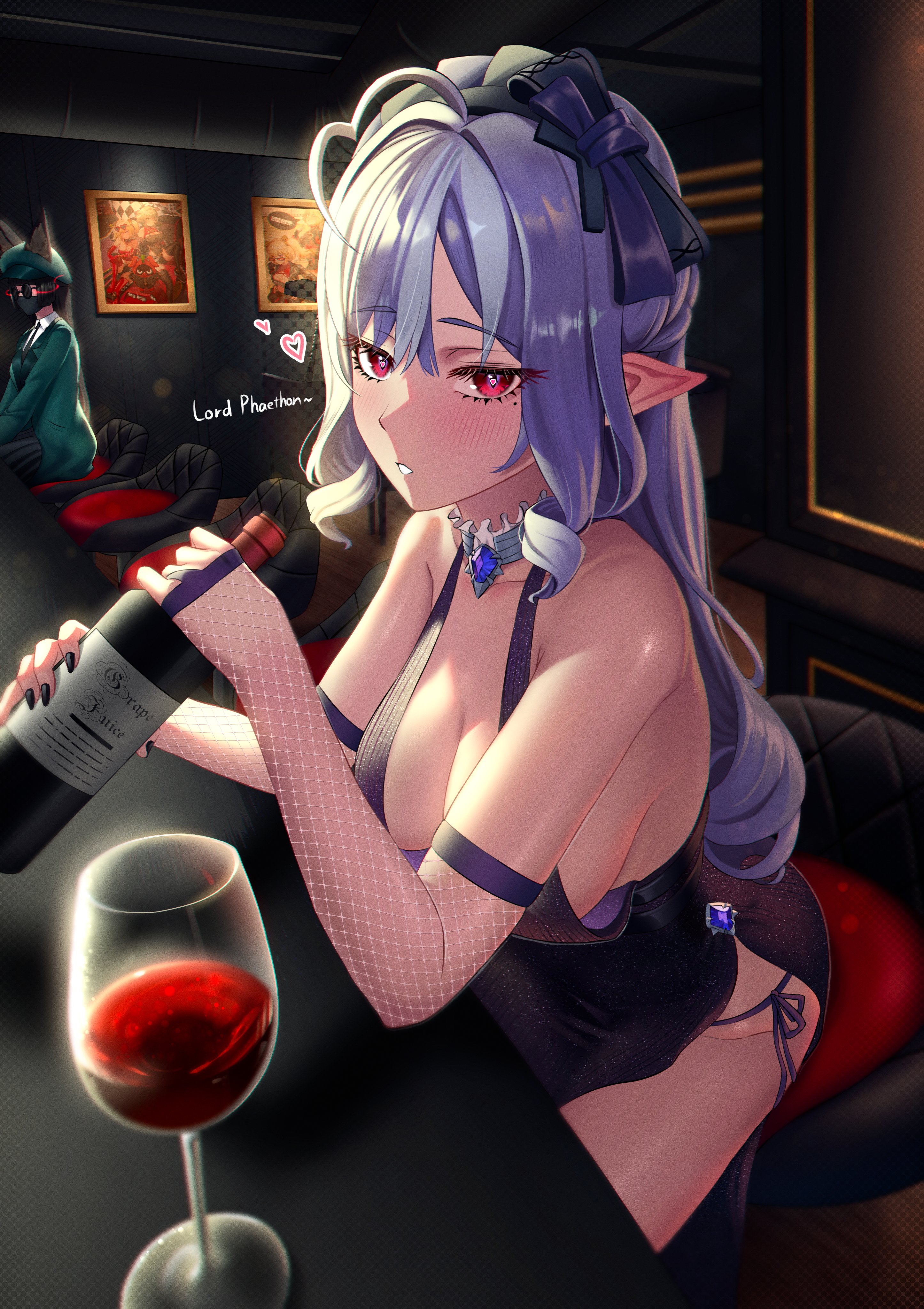 1girls, alcohol, blush, breasts, cruzvu, dress, drink, drunk, elf, english text, female, hi res, hoshimi miyabi, hoyoverse, purple hair, red eyes, side-tie panties, sideboob, sitting, solo, vivian banshee, wine, wine bottle, wine glass, zenless zone zero