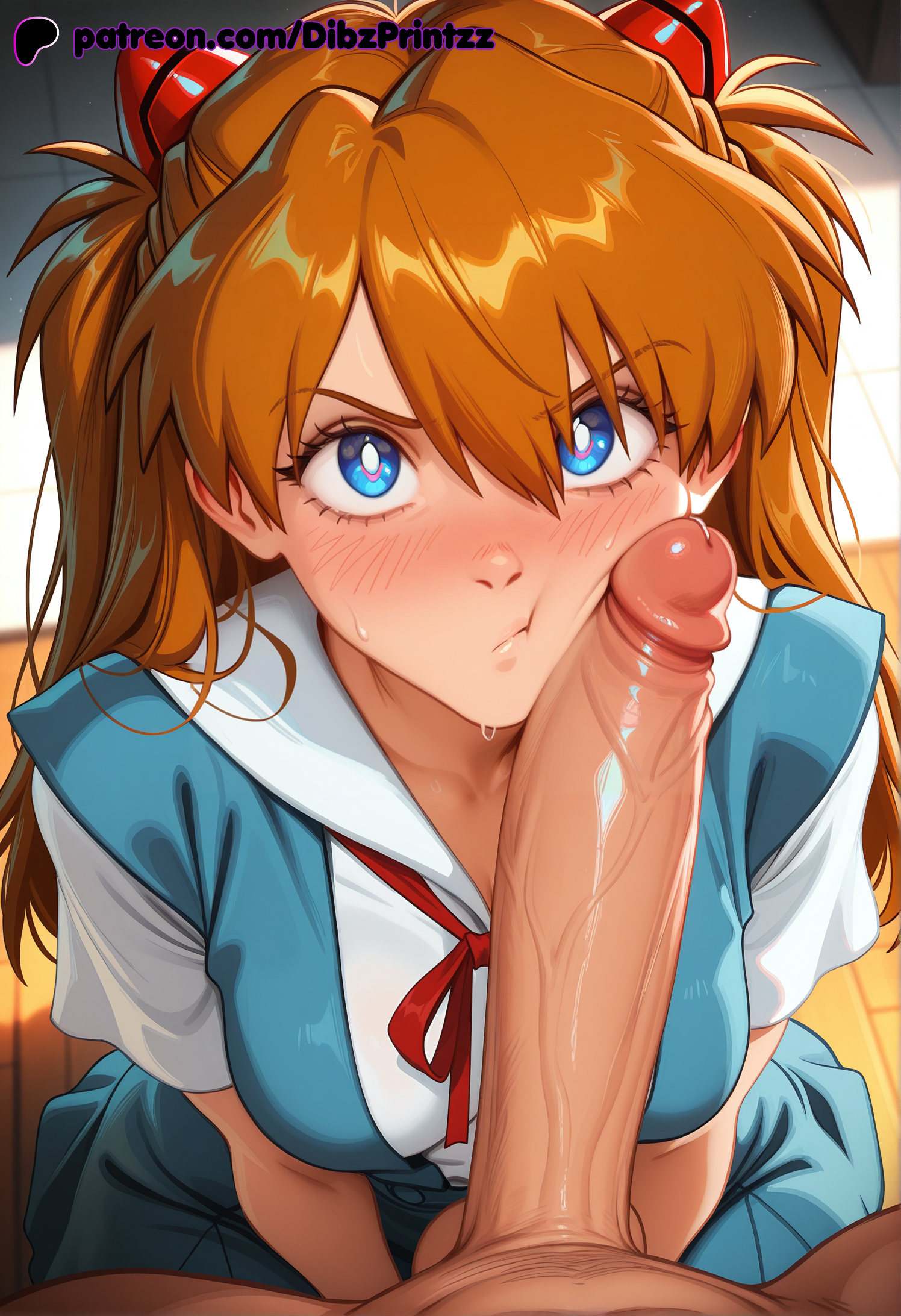 1boy, 1girls, ai, ai assisted, ai generated, anime, artist name, asuka langley sohryu, blue eyes, blue skirt, blush, breasts, dibzprintz, erection, fansly, female, hi res, high quality, high resolution, highres, interface headset, large penis, long hair, looking at viewer, medium breasts, neon genesis evangelion, orange hair, penis, penis on face, pout, pov, school uniform, shirt, solo focus, straight, sweat, tokyo-3 middle school uniform, uncensored, veins, veiny penis, watermark