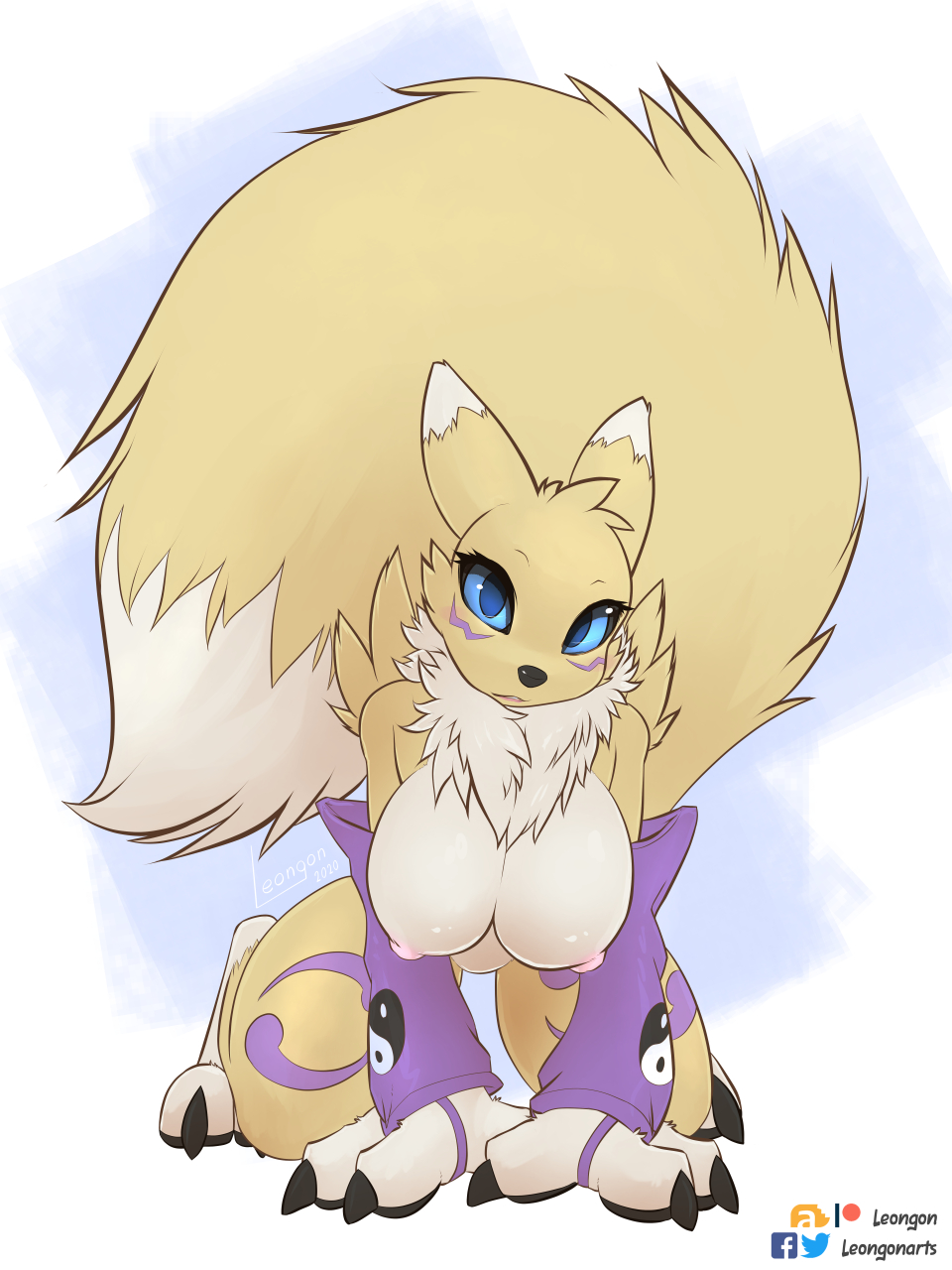 3:4 all_fours anthro arm_warmers armwear big_breasts big_tail breasts clothing cute_expression cute_eyes cute_face digimon digimon_(species) female fluffy fluffy_tail fur hi_res leongon looking_at_viewer renamon solo yellow_body yellow_fur yin_yang