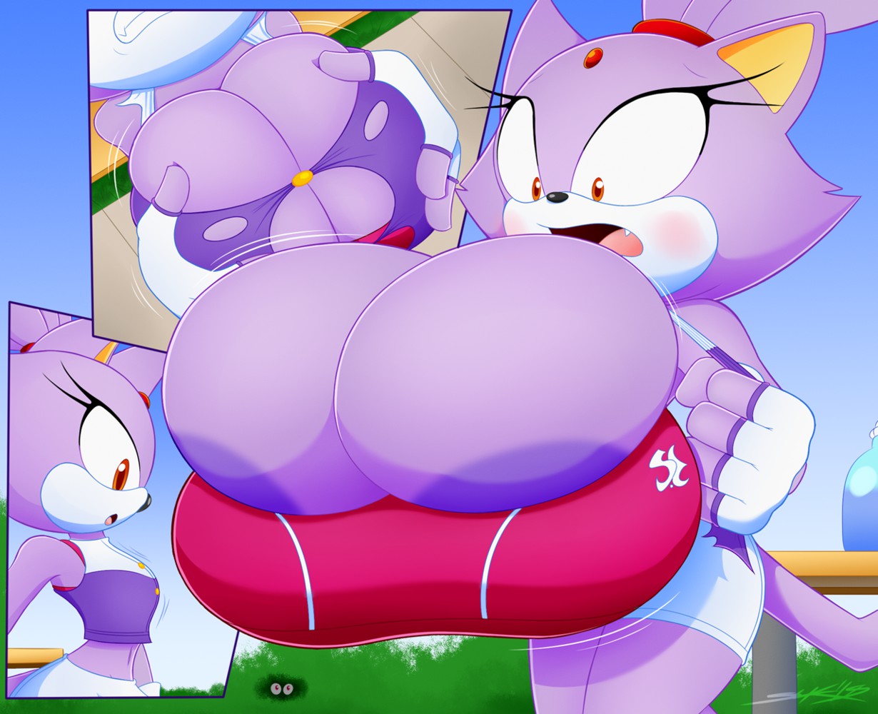 big breasts, blaze the cat, breast expansion, breast growth, breast growth (enlargement), breasts, cat girl, catgirl, clothes stretching, female, huge breasts, hyper breasts, large breasts, sega, slickehedge, sonic (series), sonic the hedgehog (series), suprised, suprised expression, suprised look