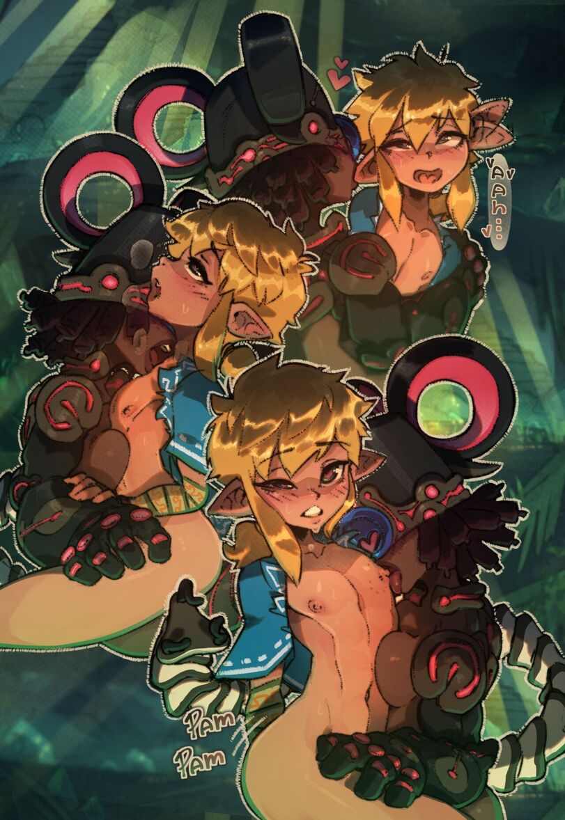1boy, 1futa, 1girls, bisexual, breath of the wild, comic, female, futanari, guardian (zelda), intersex, light skin, light-skinned male, link, link (breath of the wild), male, nintendo, pokilewd, the legend of zelda